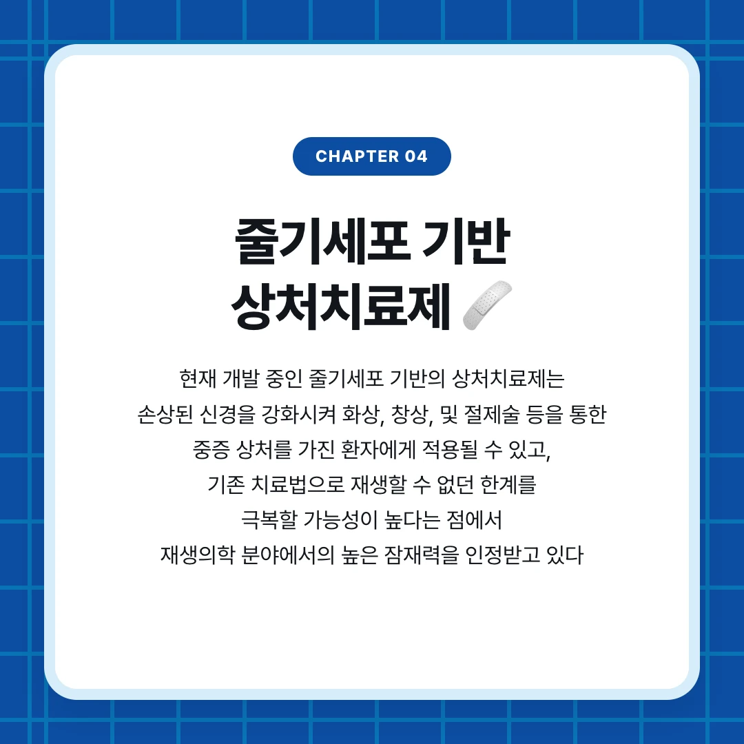 chapter 04. 줄기세포 기반 상처치료제 🩹. 현재 개발 중인 줄기세포 기반의 상처치료제는 손상된 신경을 강화시켜 화상, 창상, 및 절제술 등을 통한 중증 상처를 가진 환자에게 적용될 수 있고, 기존 치료법으로 재생할 수 없던 한계를 극복할 가능성이 높다는 점에서 재생의학 분야에서의 높은 잠재력을 인정받고 있다