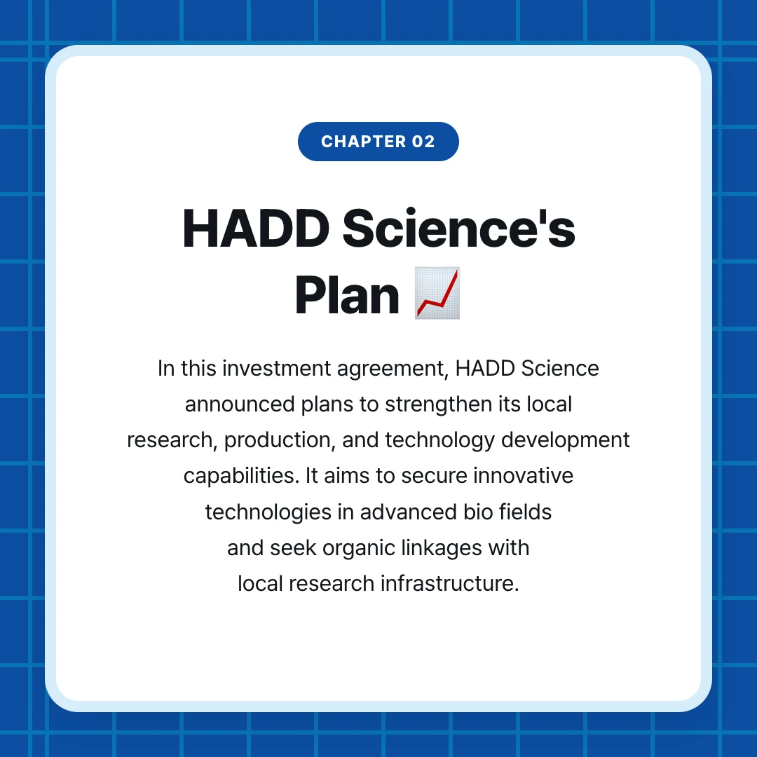 chapter 02. HADD Science's Plan 📈. In this investment agreement, HADD Science announced plans to strengthen its local research, production, and technology development capabilities. It aims to secure innovative technologies in advanced bio fields and seek organic linkages with local research infrastructure.