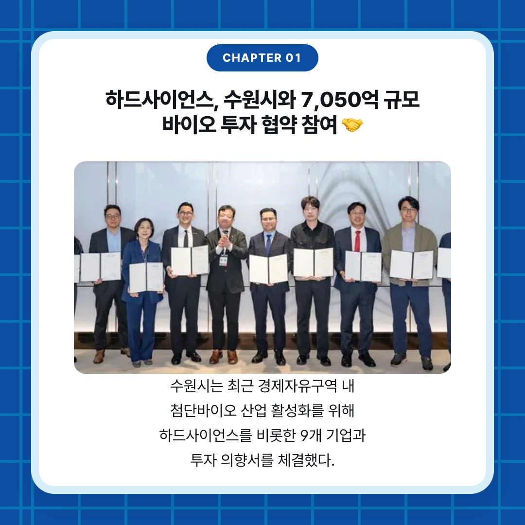 chapter 01. 하드사이언스, 수원시와 7,050억 규모 바이오 투자 협약 참여 🤝. 수원시는 최근 경제자유구역 내 첨단바이오 산업 활성화를 위해 하드사이언스를 비롯한 9개 기업과 투자 의향서를 체결했다.