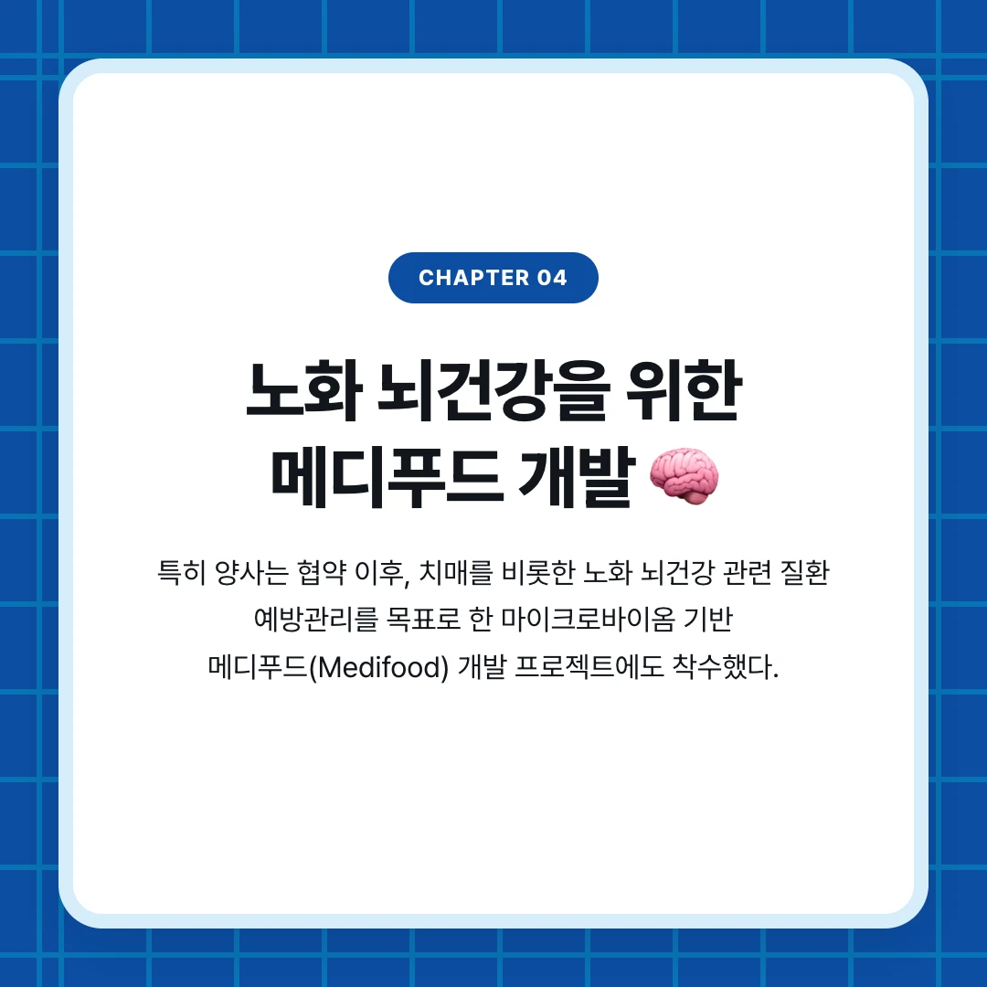 chapter 04. 노화 뇌건강을 위한 메디푸드 개발 🧠. 특히 양사는 협약 이후, 치매를 비롯한 노화 뇌건강 관련 질환 예방관리를 목표로 한 마이크로바이옴 기반 메디푸드(Medifood) 개발 프로젝트에도 착수했다.