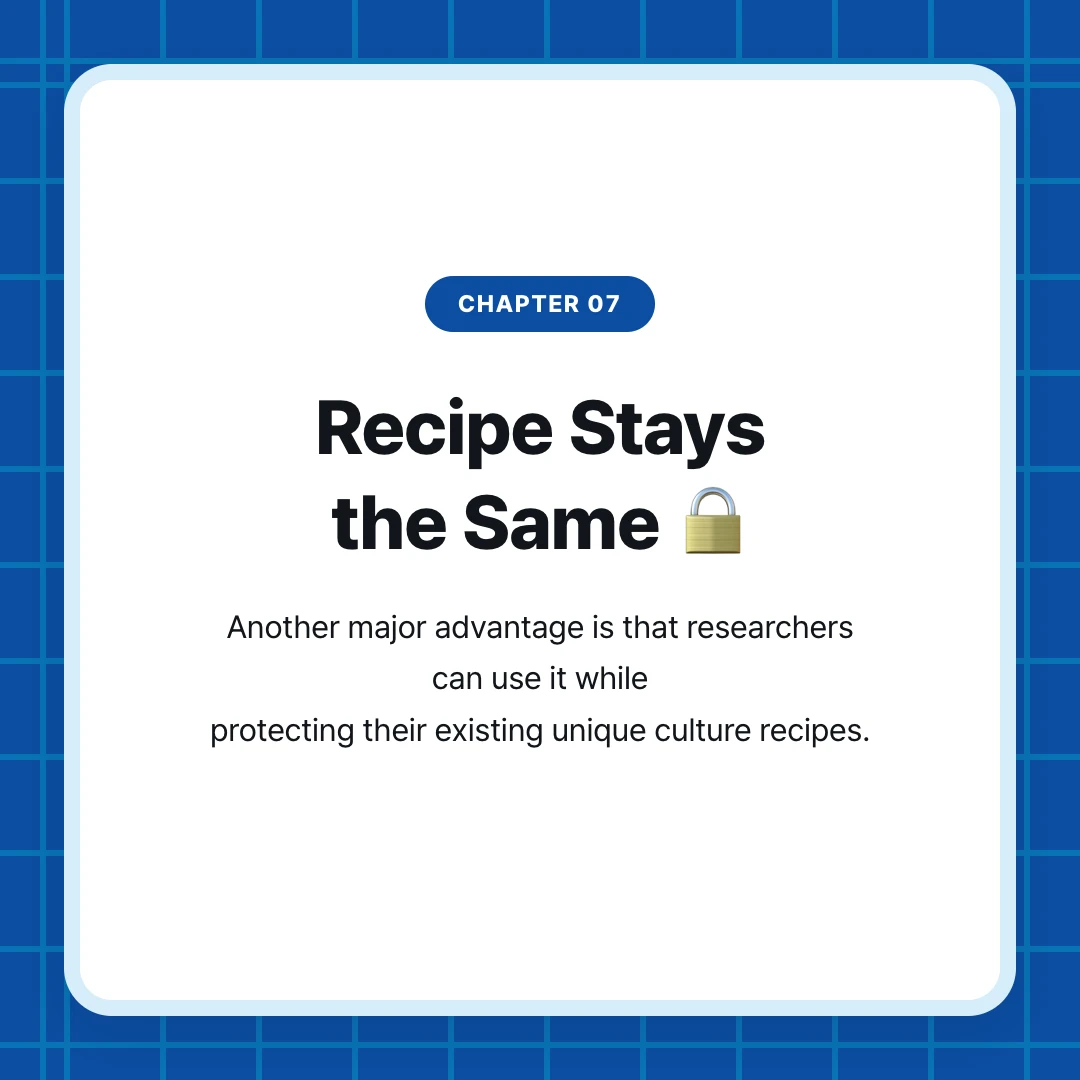 chapter 07. Recipe Stays the Same 🔒. Another major advantage is that researchers can use it while protecting their existing unique culture recipes.