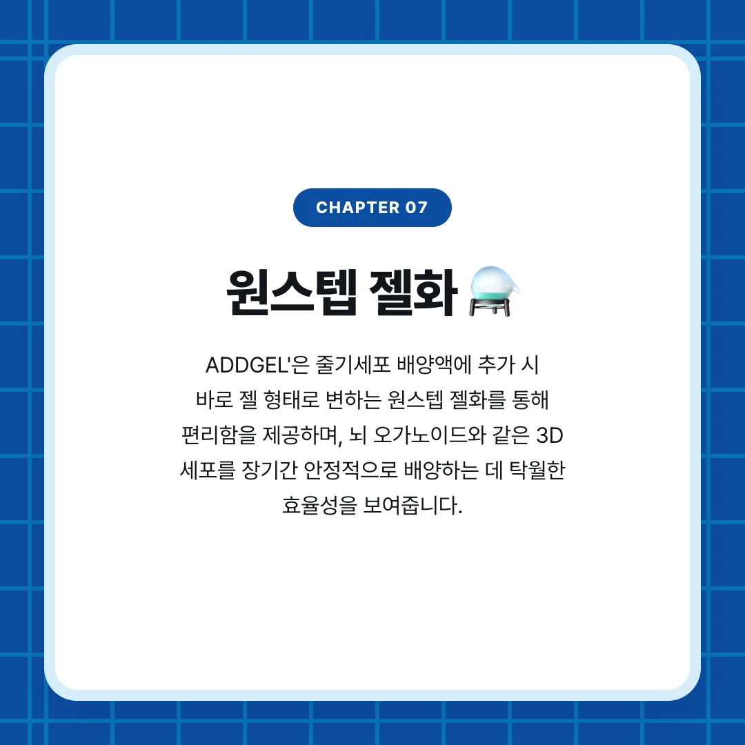 chapter 07. 원스텝 젤화 ⚗️. ADDGEL'은 줄기세포 배양액에 추가 시 바로 젤 형태로 변하는 원스텝 젤화를 통해 편리함을 제공하며, 뇌 오가노이드와 같은 3D 세포를 장기간 안정적으로 배양하는 데 탁월한 효율성을 보여줍니다.