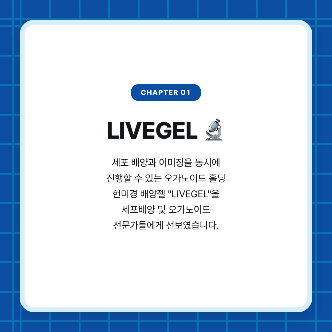 chapter 01. LIVEGEL 🔬. 세포 배양과 이미징을 동시에 진행할 수 있는 오가노이드 홀딩 현미경 배양젤 "LIVEGEL"을 세포배양 및 오가노이드 전문가들에게 선보였습니다.