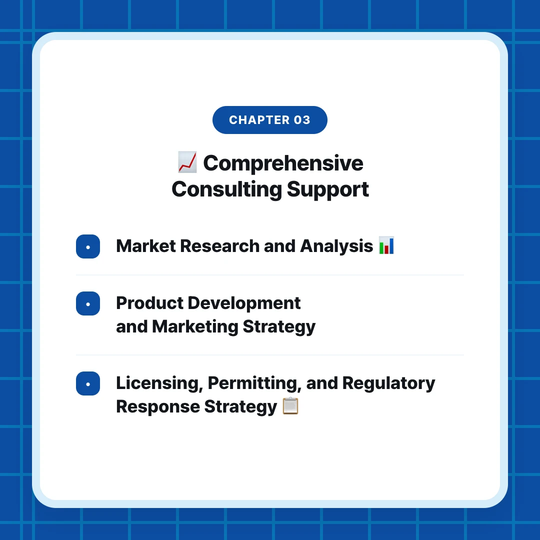 chapter 03. 📈 Comprehensive Consulting Support. Market Research and Analysis 📊. Product Development and Marketing Strategy. Licensing, Permitting, and Regulatory Response Strategy 📋