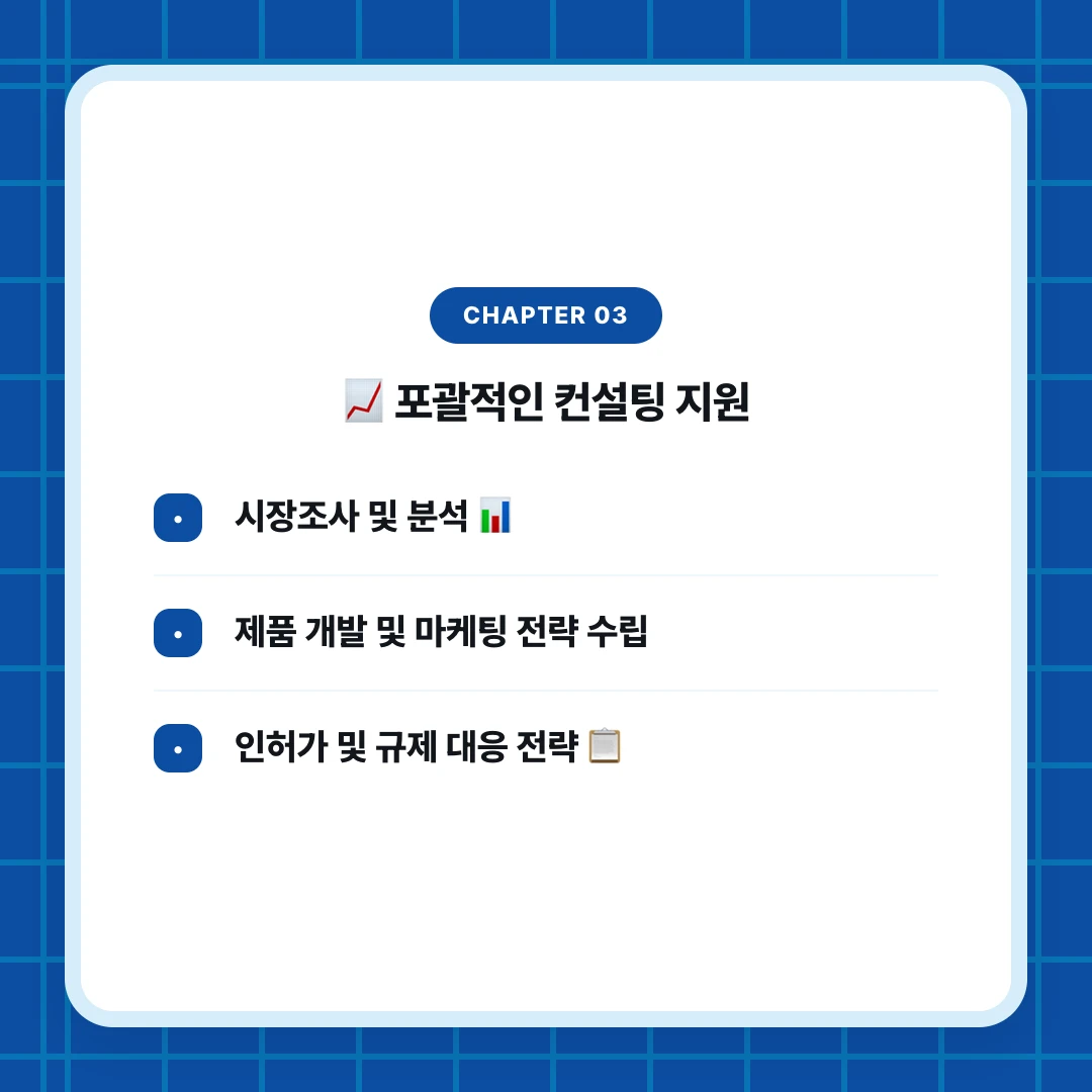 chapter 03. 📈 포괄적인 컨설팅 지원. 시장조사 및 분석 📊. 제품 개발 및 마케팅 전략 수립. 인허가 및 규제 대응 전략 📋