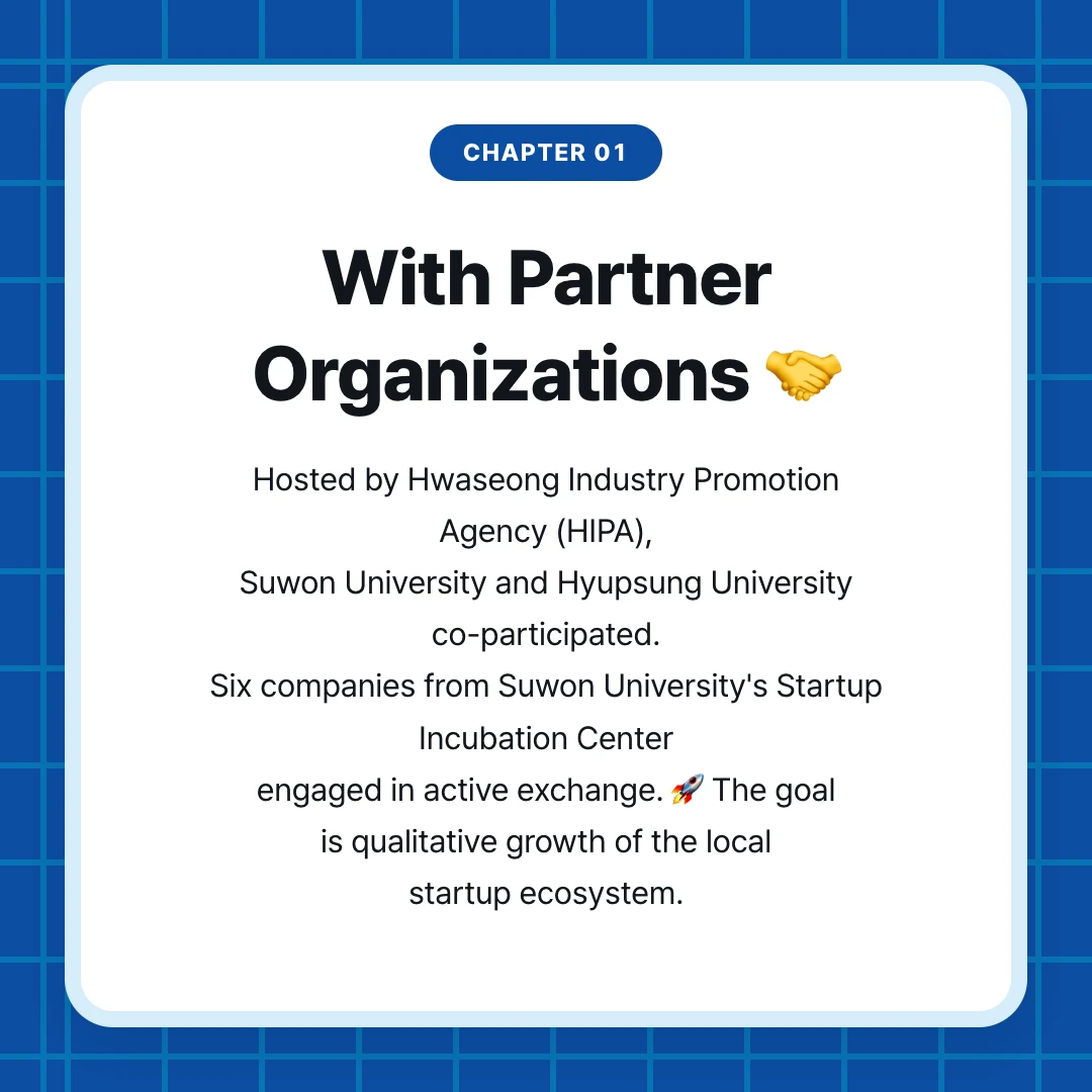 chapter 01. With Partner Organizations 🤝. Hosted by Hwaseong Industry Promotion Agency (HIPA), Suwon University and Hyupsung University co-participated. Six companies from Suwon University's Startup Incubation Center engaged in active exchange. 🚀 The goal is qualitative growth of the local startup ecosystem.