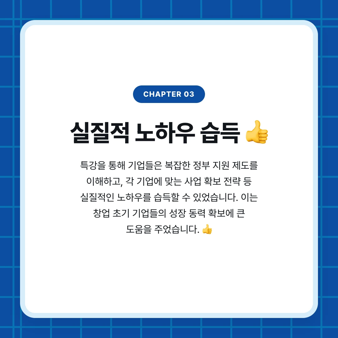 chapter 03. 실질적 노하우 습득 👍. 특강을 통해 기업들은 복잡한 정부 지원 제도를 이해하고, 각 기업에 맞는 사업 확보 전략 등 실질적인 노하우를 습득할 수 있었습니다. 이는 창업 초기 기업들의 성장 동력 확보에 큰 도움을 주었습니다. 👍