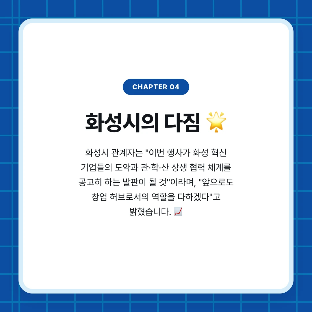 chapter 04. 화성시의 다짐 🌟. 화성시 관계자는 "이번 행사가 화성 혁신 기업들의 도약과 관·학·산 상생 협력 체계를 공고히 하는 발판이 될 것"이라며, "앞으로도 창업 허브로서의 역할을 다하겠다"고 밝혔습니다. 📈