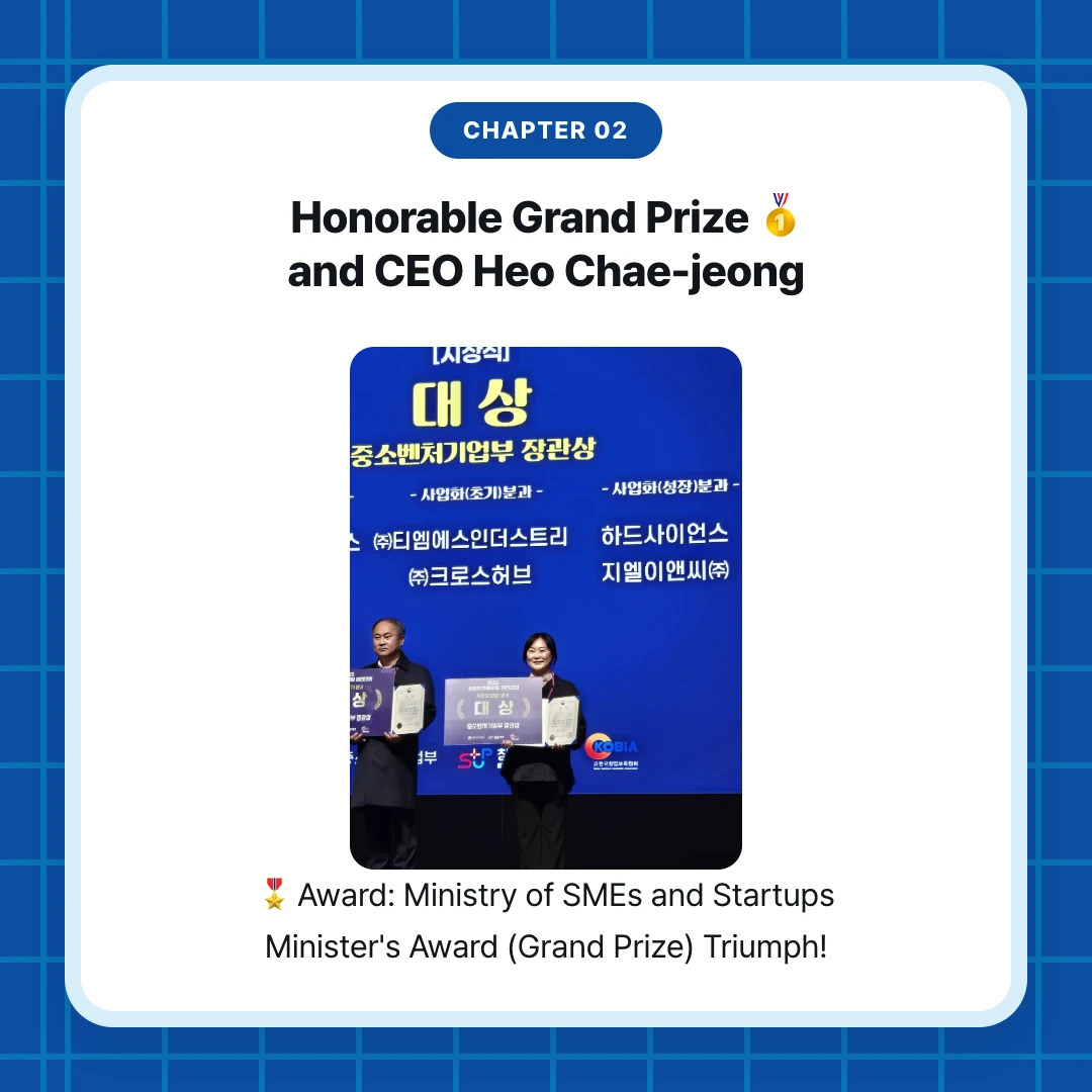 chapter 02. Honorable Grand Prize 🥇 and CEO Heo Chae-jeong. 🎖 Award: Ministry of SMEs and Startups Minister's Award (Grand Prize) Triumph!