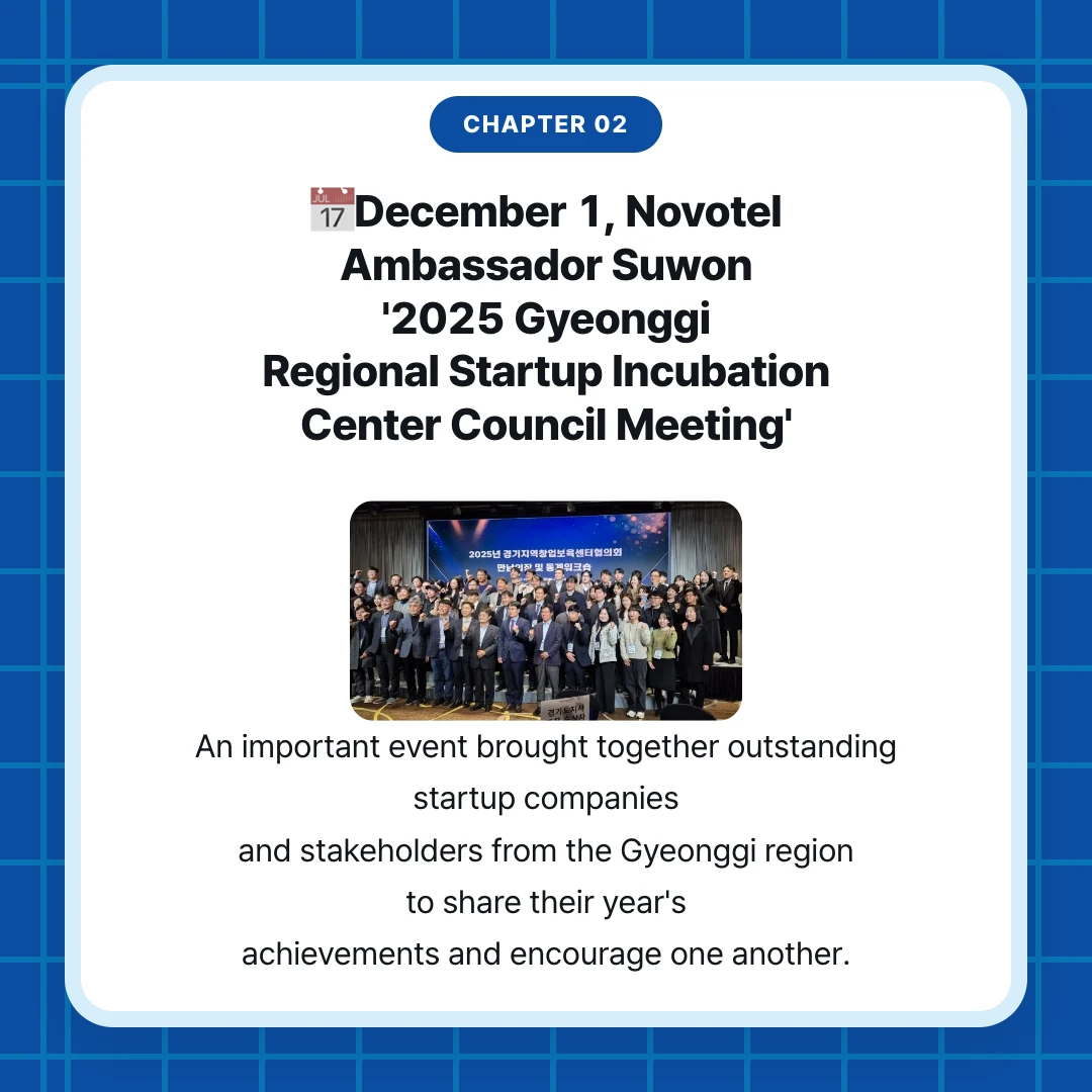 chapter 02. 📅December 1, Novotel Ambassador Suwon '2025 Gyeonggi Regional Startup Incubation Center Council Meeting'. An important event brought together outstanding startup companies and stakeholders from the Gyeonggi region to share their year's achievements and encourage one another.