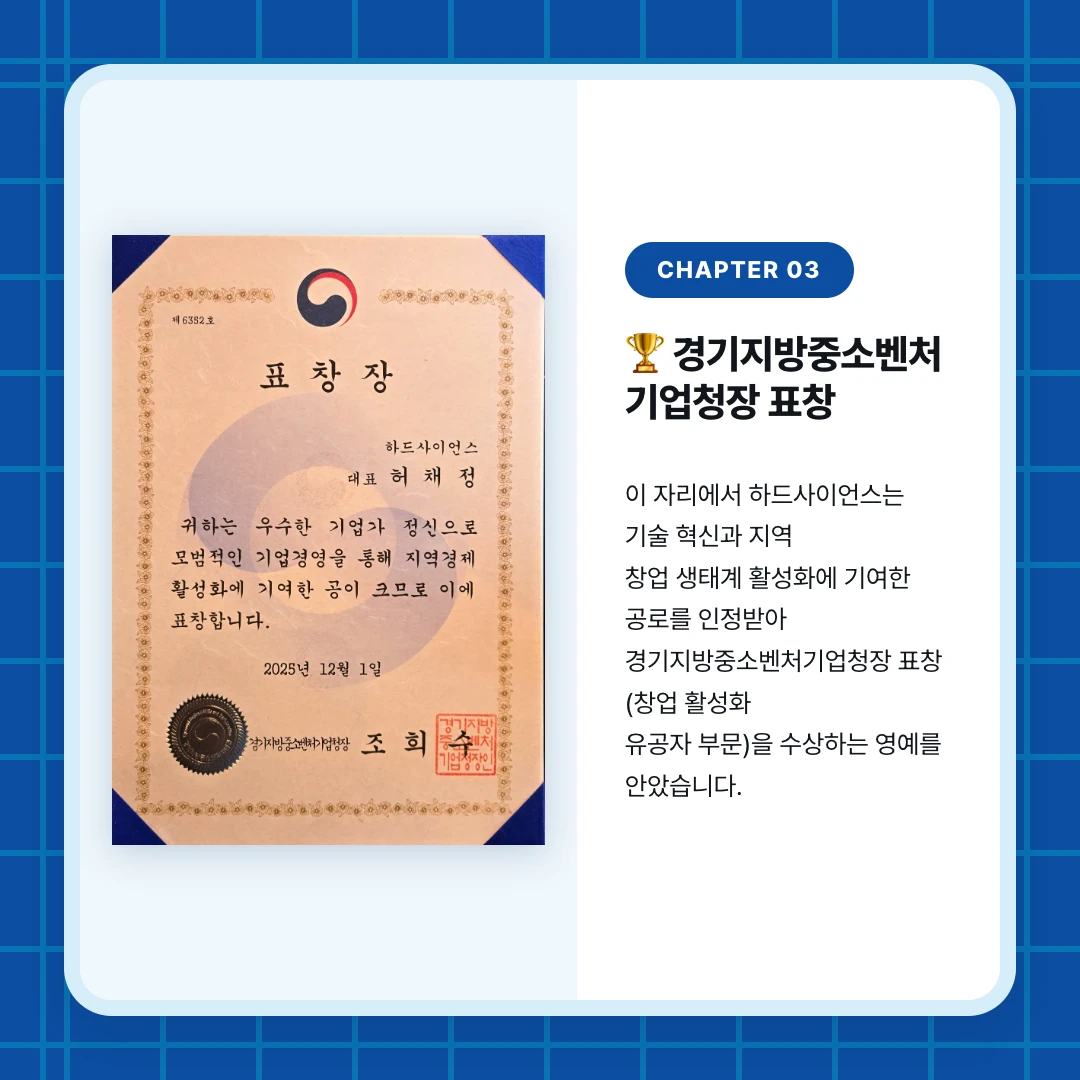 chapter 03. 🏆 경기지방중소벤처 기업청장 표창. 이 자리에서 하드사이언스는 기술 혁신과 지역 창업 생태계 활성화에 기여한 공로를 인정받아 경기지방중소벤처기업청장 표창 (창업 활성화 유공자 부문)을 수상하는 영예를 안았습니다.