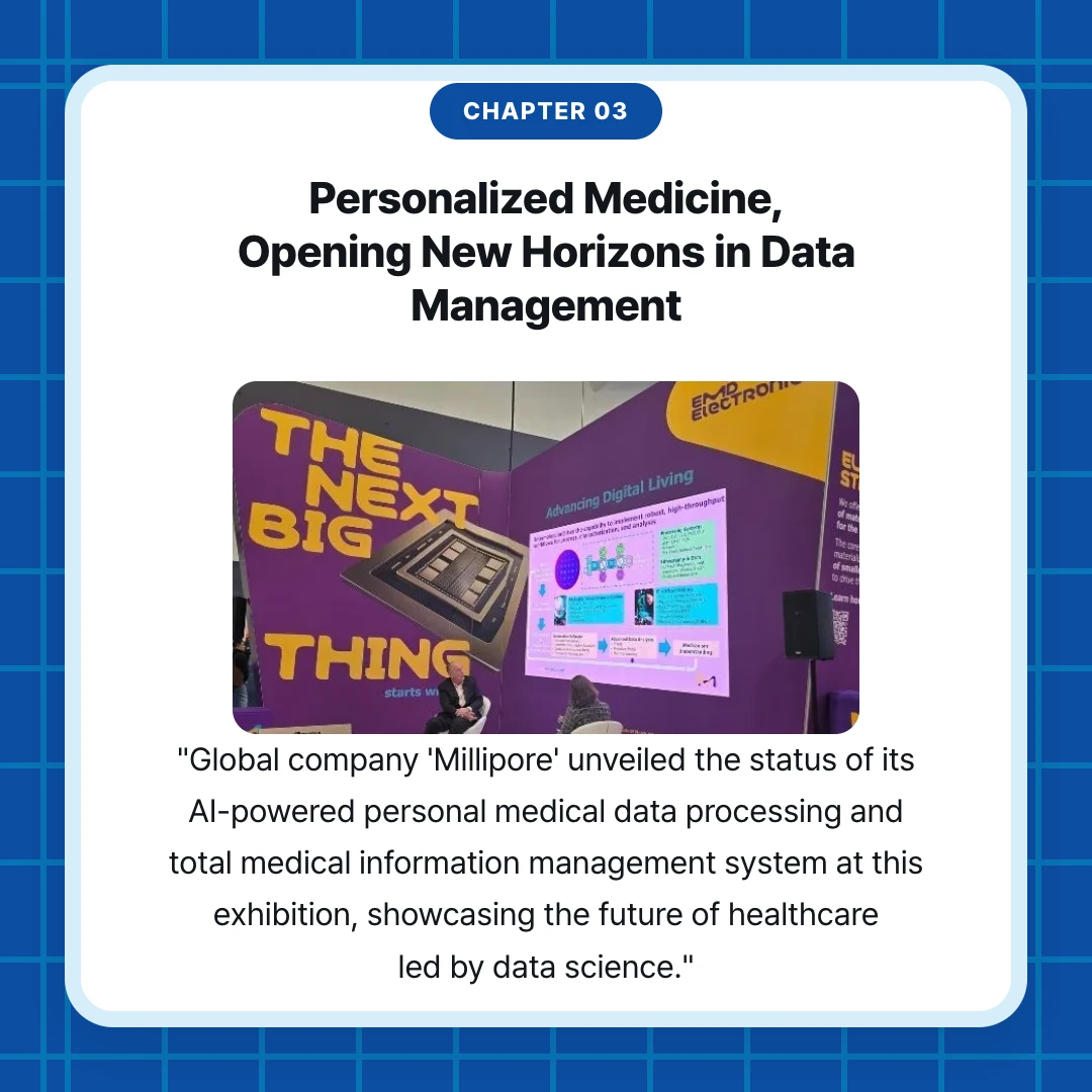 chapter 03. Personalized Medicine, Opening New Horizons in Data Management. "Global company 'Millipore' unveiled the status of its AI-powered personal medical data processing and total medical information management system at this exhibition, showcasing the future of healthcare led by data science."