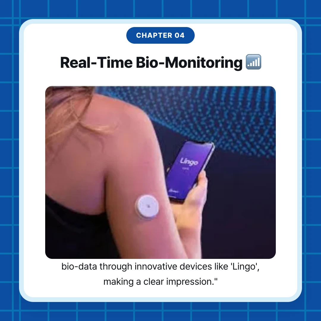 chapter 04. Real-Time Bio-Monitoring 📶. bio-data through innovative devices like 'Lingo', making a clear impression."
