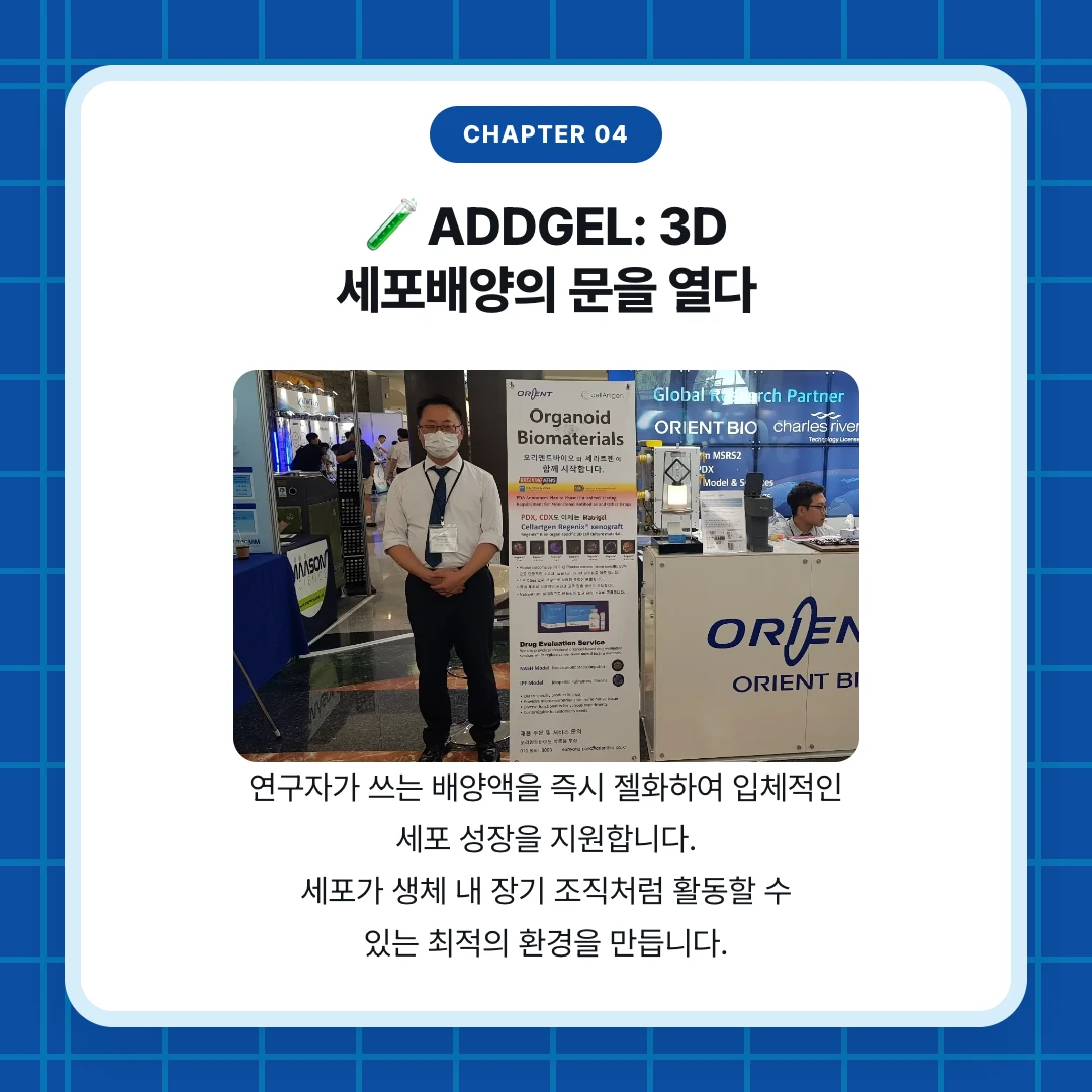 chapter 04. 🧪 ADDGEL: 3D 세포배양의 문을 열다. 연구자가 쓰는 배양액을 즉시 젤화하여 입체적인 세포 성장을 지원합니다. 세포가 생체 내 장기 조직처럼 활동할 수 있는 최적의 환경을 만듭니다.