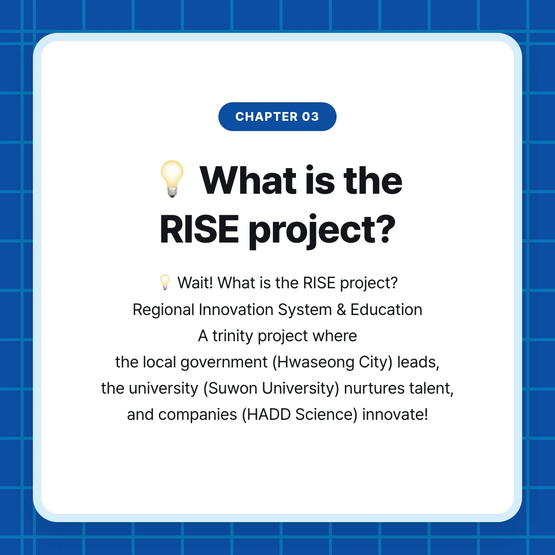 chapter 03. 💡 What is the RISE project?. 💡 Wait! What is the RISE project? Regional Innovation System & Education A trinity project where the local government (Hwaseong City) leads, the university (Suwon University) nurtures talent, and companies (HADD Science) innovate!