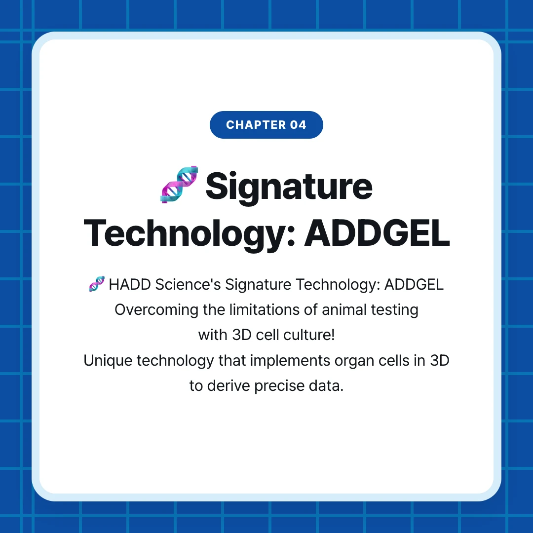 chapter 04. 🧬 Signature Technology: ADDGEL. 🧬 HADD Science's Signature Technology: ADDGEL Overcoming the limitations of animal testing with 3D cell culture! Unique technology that implements organ cells in 3D to derive precise data.