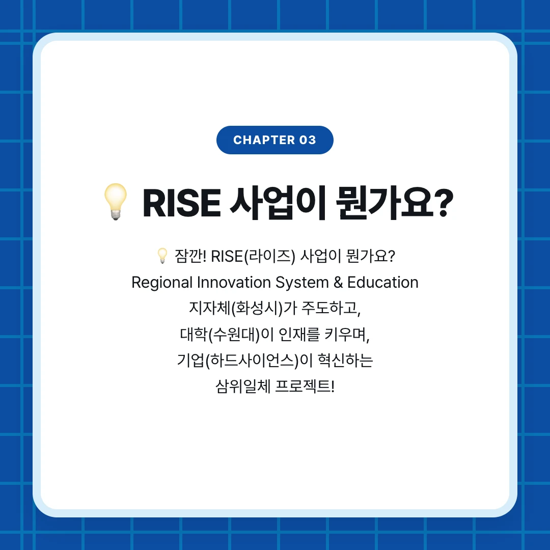 chapter 03. 💡 RISE 사업이 뭔가요?. 💡 잠깐! RISE(라이즈) 사업이 뭔가요? Regional Innovation System & Education 지자체(화성시)가 주도하고, 대학(수원대)이 인재를 키우며, 기업(하드사이언스)이 혁신하는 삼위일체 프로젝트!