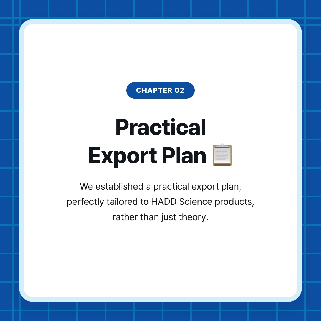 chapter 02. Practical Export Plan 📋. We established a practical export plan, perfectly tailored to HADD Science products, rather than just theory.