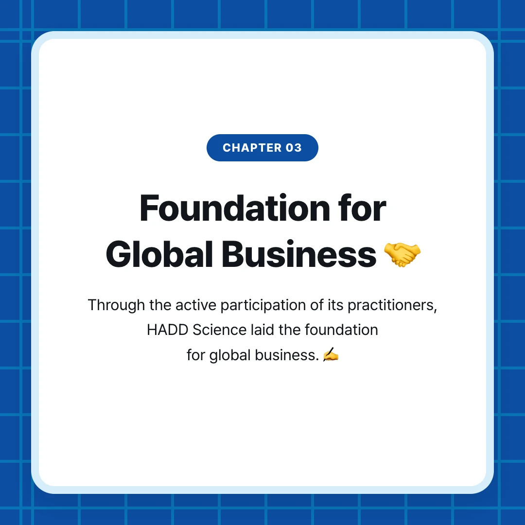 chapter 03. Foundation for Global Business 🤝. Through the active participation of its practitioners, HADD Science laid the foundation for global business. ✍️