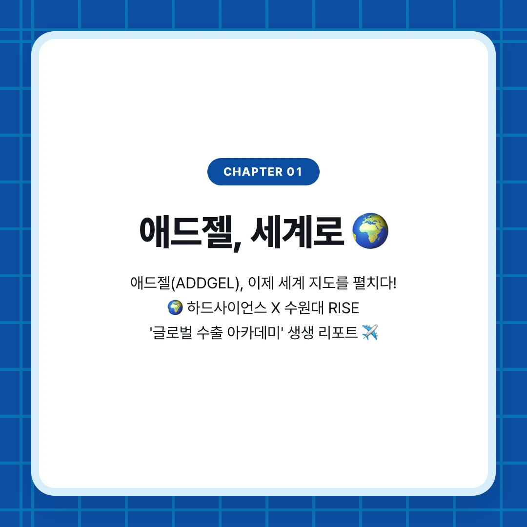 chapter 01. 애드젤, 세계로 🌍. 애드젤(ADDGEL), 이제 세계 지도를 펼치다! 🌍 하드사이언스 X 수원대 RISE '글로벌 수출 아카데미' 생생 리포트 ✈️