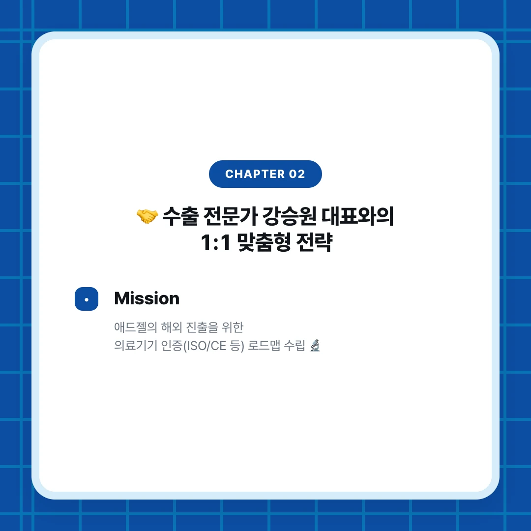 chapter 02. 🤝 수출 전문가 강승원 대표와의 1:1 맞춤형 전략. Mission. 애드젤의 해외 진출을 위한 의료기기 인증(ISO/CE 등) 로드맵 수립 🔬
