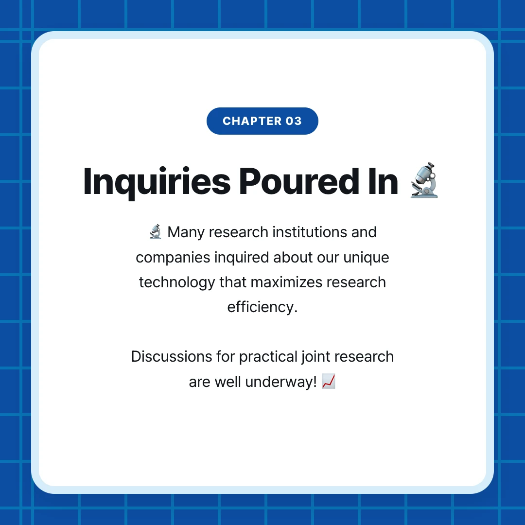 chapter 03. Inquiries Poured In 🔬. 🔬 Many research institutions and companies inquired about our unique technology that maximizes research efficiency. Discussions for practical joint research are well underway! 📈