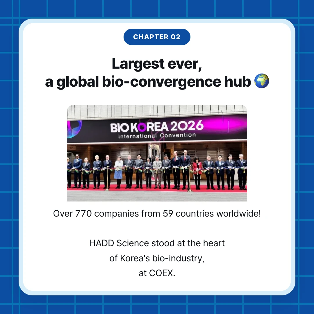 chapter 02. Largest ever, a global bio-convergence hub 🌍. Over 770 companies from 59 countries worldwide! HADD Science stood at the heart of Korea's bio-industry, at COEX.