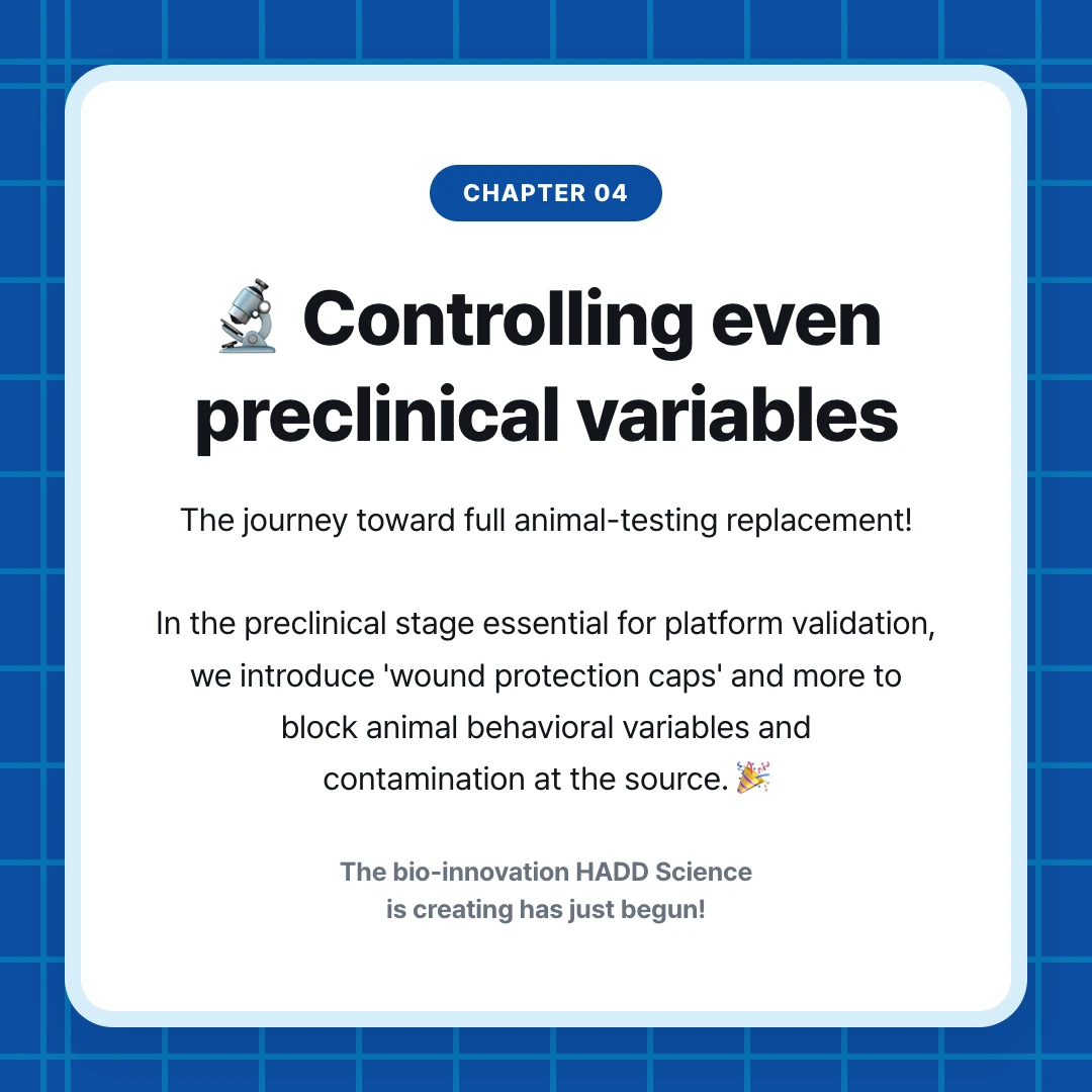 chapter 04. 🔬 Controlling even preclinical variables. The journey toward full animal-testing replacement! In the preclinical stage essential for platform validation, we introduce 'wound protection caps' and more to block animal behavioral variables and contamination at the source. 🎉. The bio-innovation HADD Science is creating has just begun!