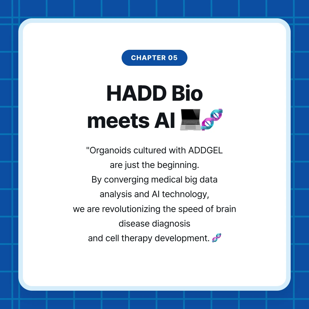 chapter 05. HADD Bio meets AI 💻🧬. "Organoids cultured with ADDGEL are just the beginning. By converging medical big data analysis and AI technology, we are revolutionizing the speed of brain disease diagnosis and cell therapy development. 🧬