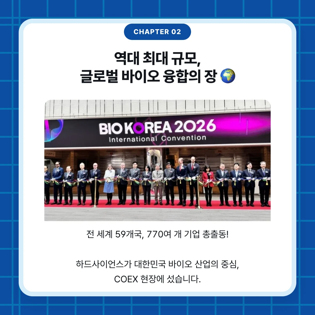 chapter 02. 역대 최대 규모, 글로벌 바이오 융합의 장 🌍. 전 세계 59개국, 770여 개 기업 총출동! 하드사이언스가 대한민국 바이오 산업의 중심, COEX 현장에 섰습니다.