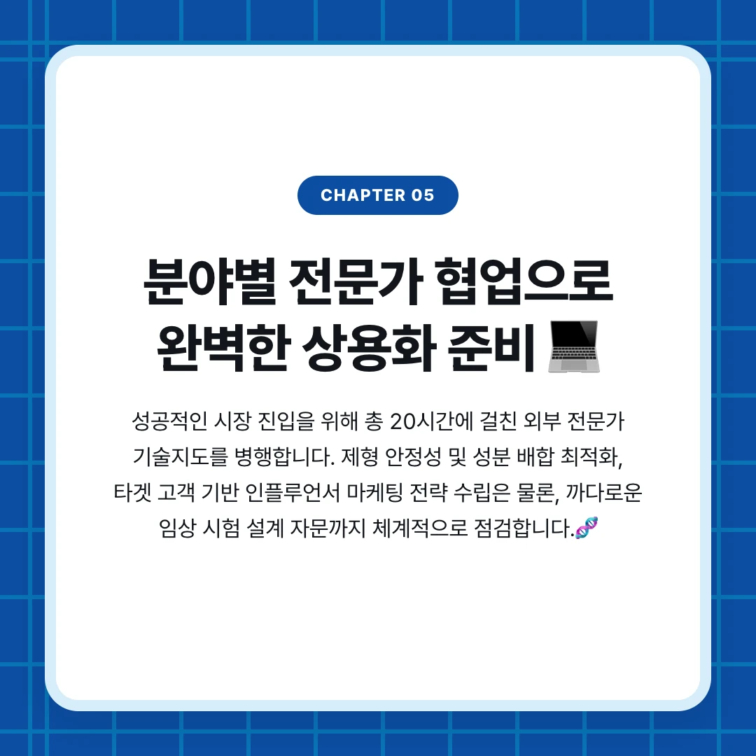 chapter 05. 분야별 전문가 협업으로 완벽한 상용화 준비 💻. 성공적인 시장 진입을 위해 총 20시간에 걸친 외부 전문가 기술지도를 병행합니다. 제형 안정성 및 성분 배합 최적화, 타겟 고객 기반 인플루언서 마케팅 전략 수립은 물론, 까다로운 임상 시험 설계 자문까지 체계적으로 점검합니다.🧬