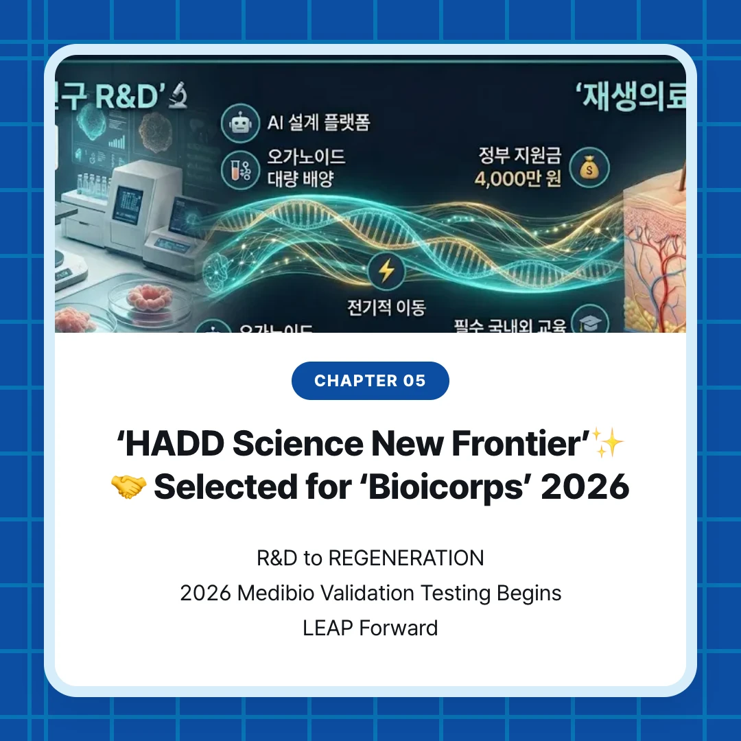 chapter 05. ‘HADD Science New Frontier’✨ 🤝 Selected for ‘Bioicorps’ 2026. R&D to REGENERATION 2026 Medibio Validation Testing Begins LEAP Forward