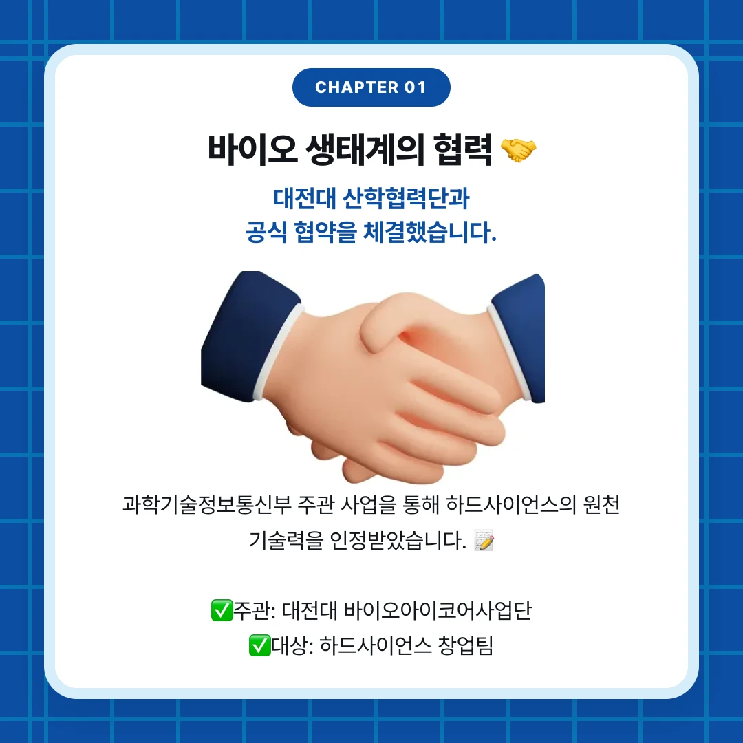 chapter 01. 바이오 생태계의 협력 🤝. 대전대 산학협력단과 공식 협약을 체결했습니다.. 과학기술정보통신부 주관 사업을 통해 하드사이언스의 원천 기술력을 인정받았습니다. 📝 ✅주관: 대전대 바이오아이코어사업단 ✅대상: 하드사이언스 창업팀