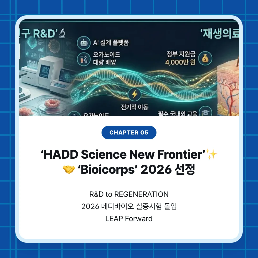 chapter 05. ‘HADD Science New Frontier’✨ 🤝 ‘Bioicorps’ 2026 선정. R&D to REGENERATION 2026 메디바이오 실증시험 돌입 LEAP Forward