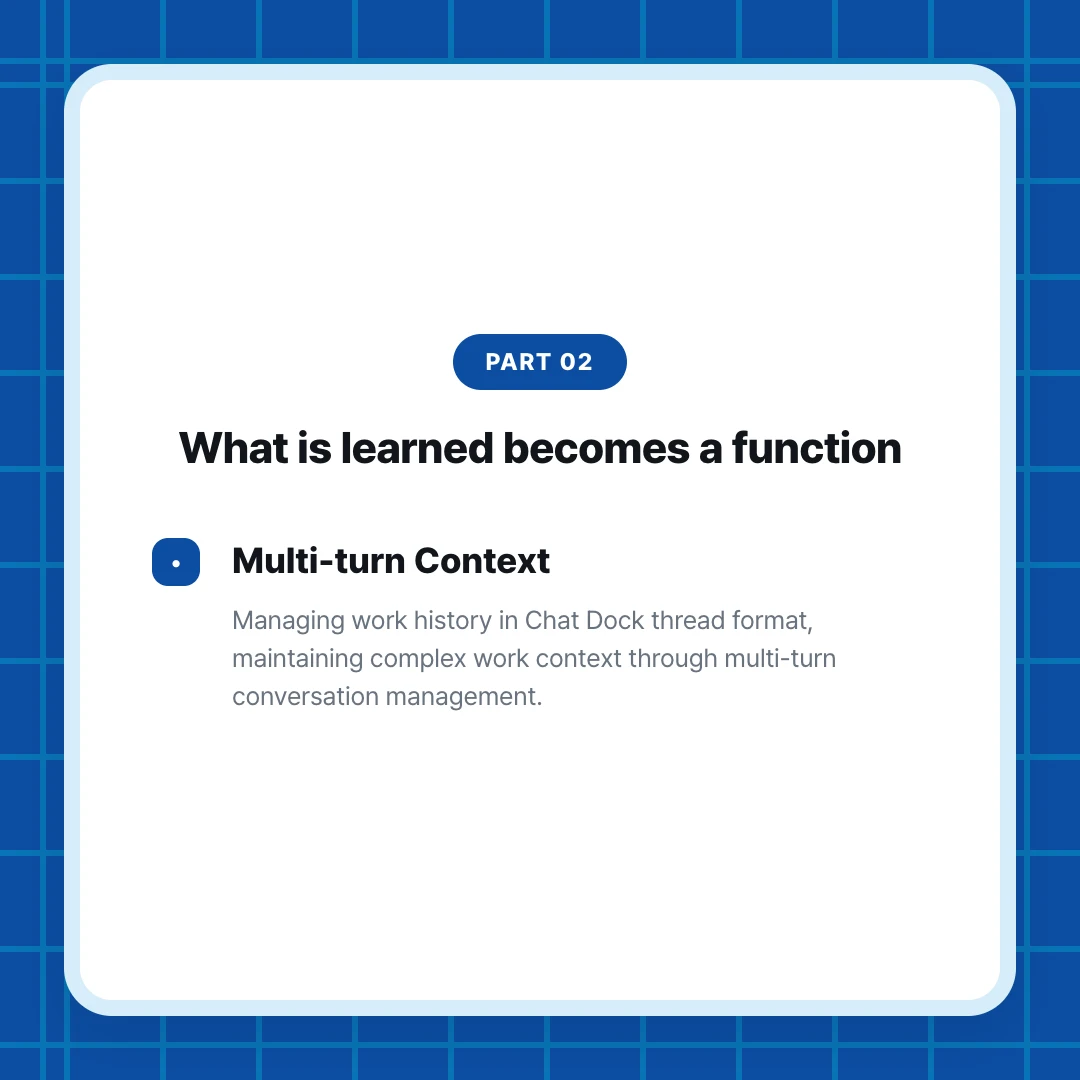 PART 02. What is learned becomes a function. Multi-turn Context. Managing work history in Chat Dock thread format, maintaining complex work context through multi-turn conversation management.
