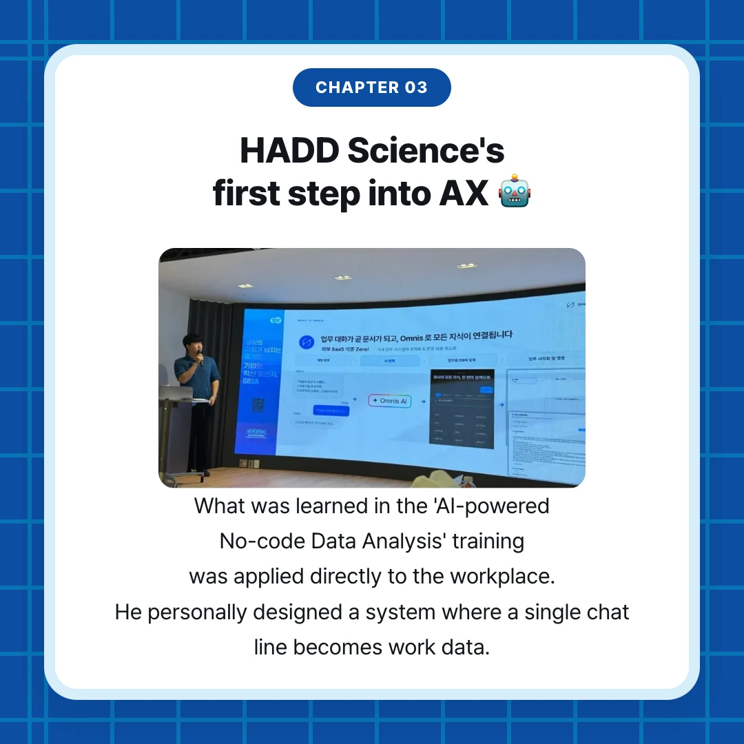 chapter 03. HADD Science's first step into AX 🤖. What was learned in the 'AI-powered No-code Data Analysis' training was applied directly to the workplace. He personally designed a system where a single chat line becomes work data.