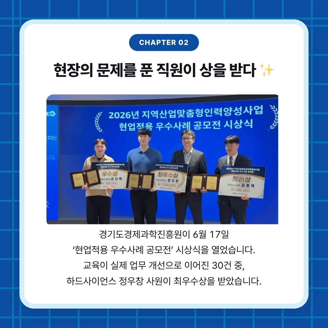 chapter 02. 현장의 문제를 푼 직원이 상을 받다 ✨. 경기도경제과학진흥원이 6월 17일 ‘현업적용 우수사례 공모전’ 시상식을 열었습니다. 교육이 실제 업무 개선으로 이어진 30건 중, 하드사이언스 정우창 사원이 최우수상을 받았습니다.