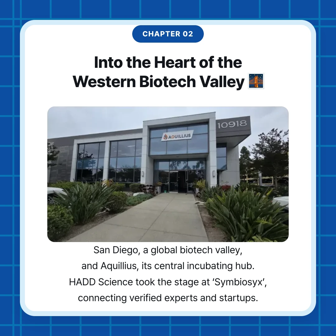 chapter 02. Into the Heart of the Western Biotech Valley 🌉. San Diego, a global biotech valley, and Aquillius, its central incubating hub. HADD Science took the stage at ‘Symbiosyx’, connecting verified experts and startups.
