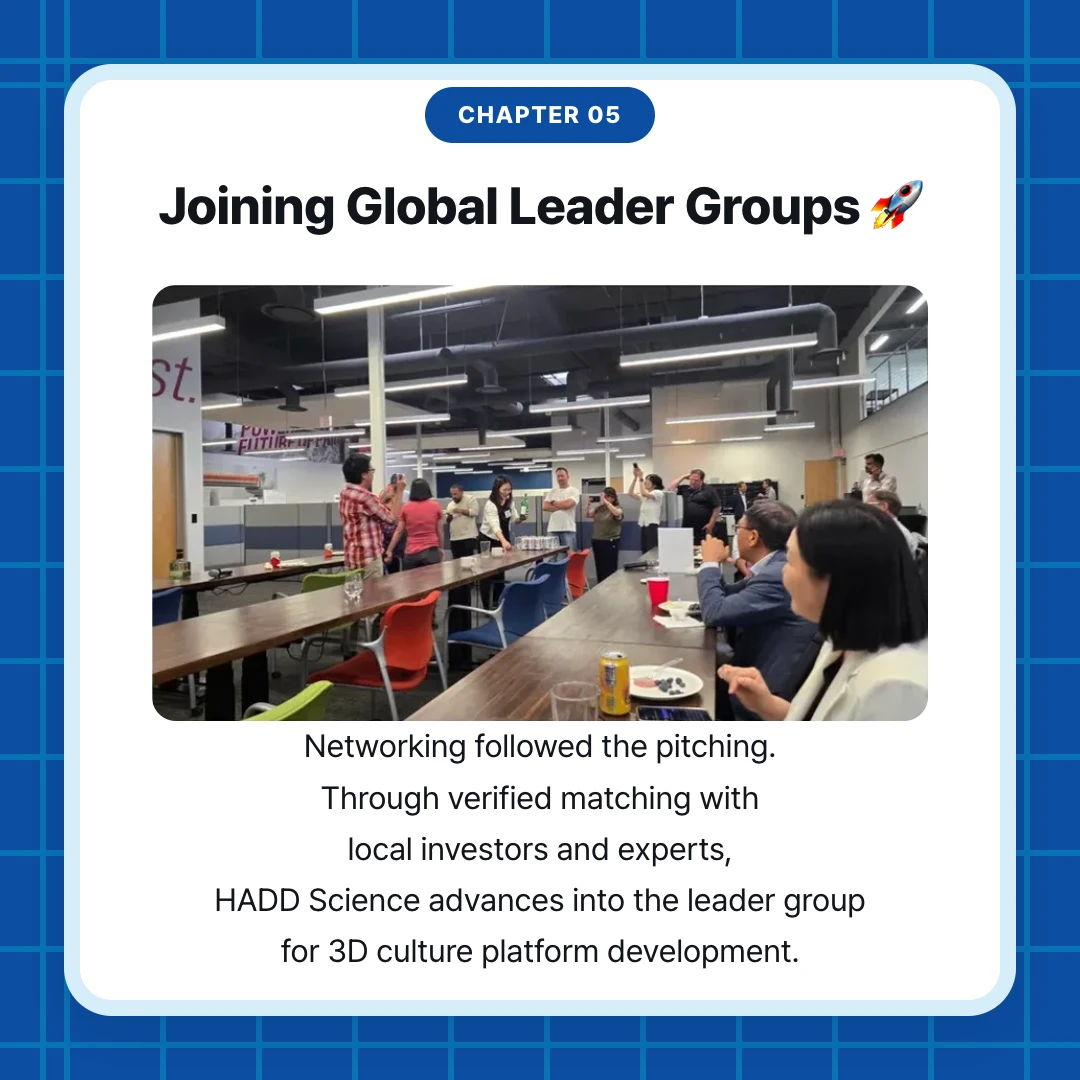 chapter 05. Joining Global Leader Groups 🚀. Networking followed the pitching. Through verified matching with local investors and experts, HADD Science advances into the leader group for 3D culture platform development.
