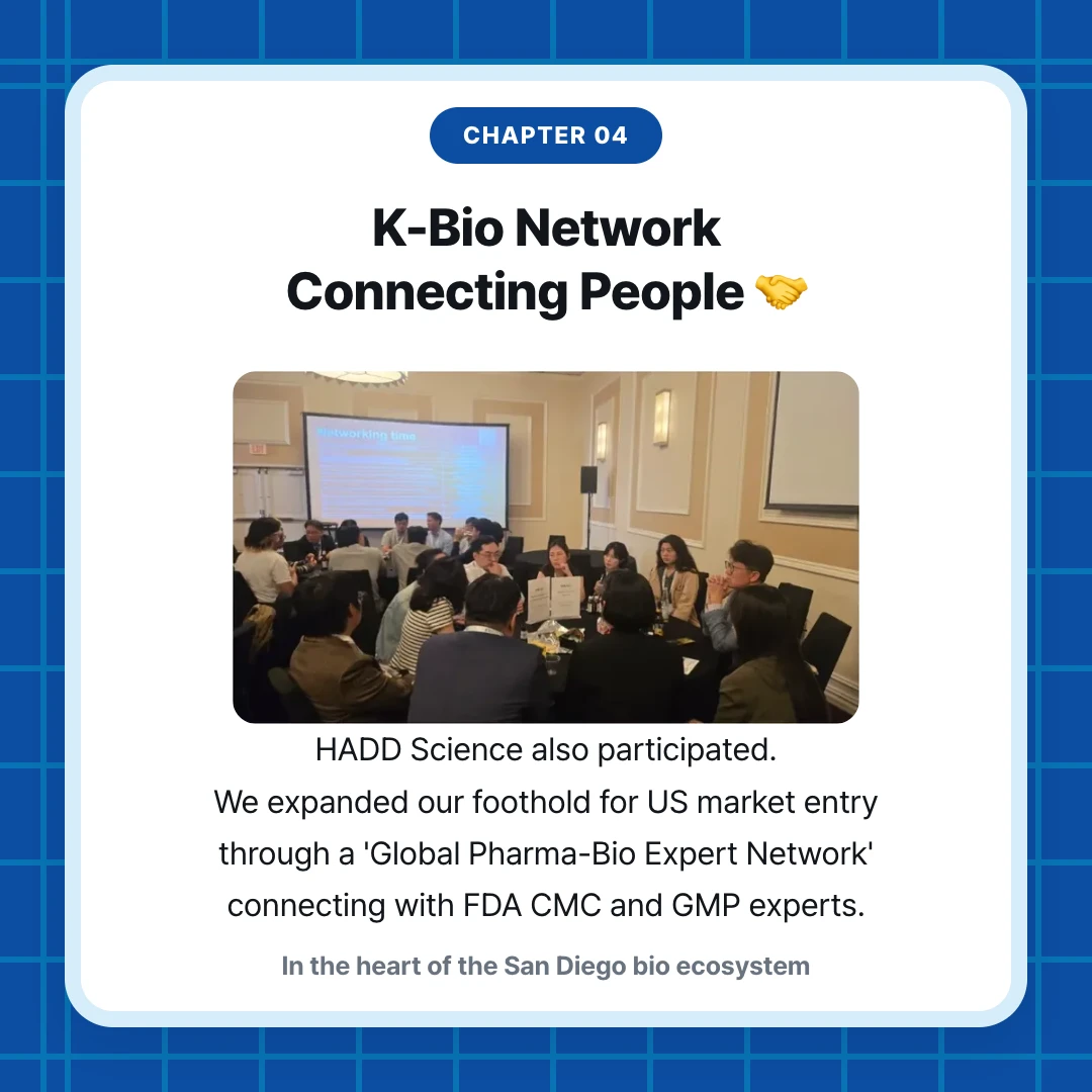 chapter 04. K-Bio Network Connecting People 🤝. HADD Science also participated. We expanded our foothold for US market entry through a 'Global Pharma-Bio Expert Network' connecting with FDA CMC and GMP experts.. In the heart of the San Diego bio ecosystem