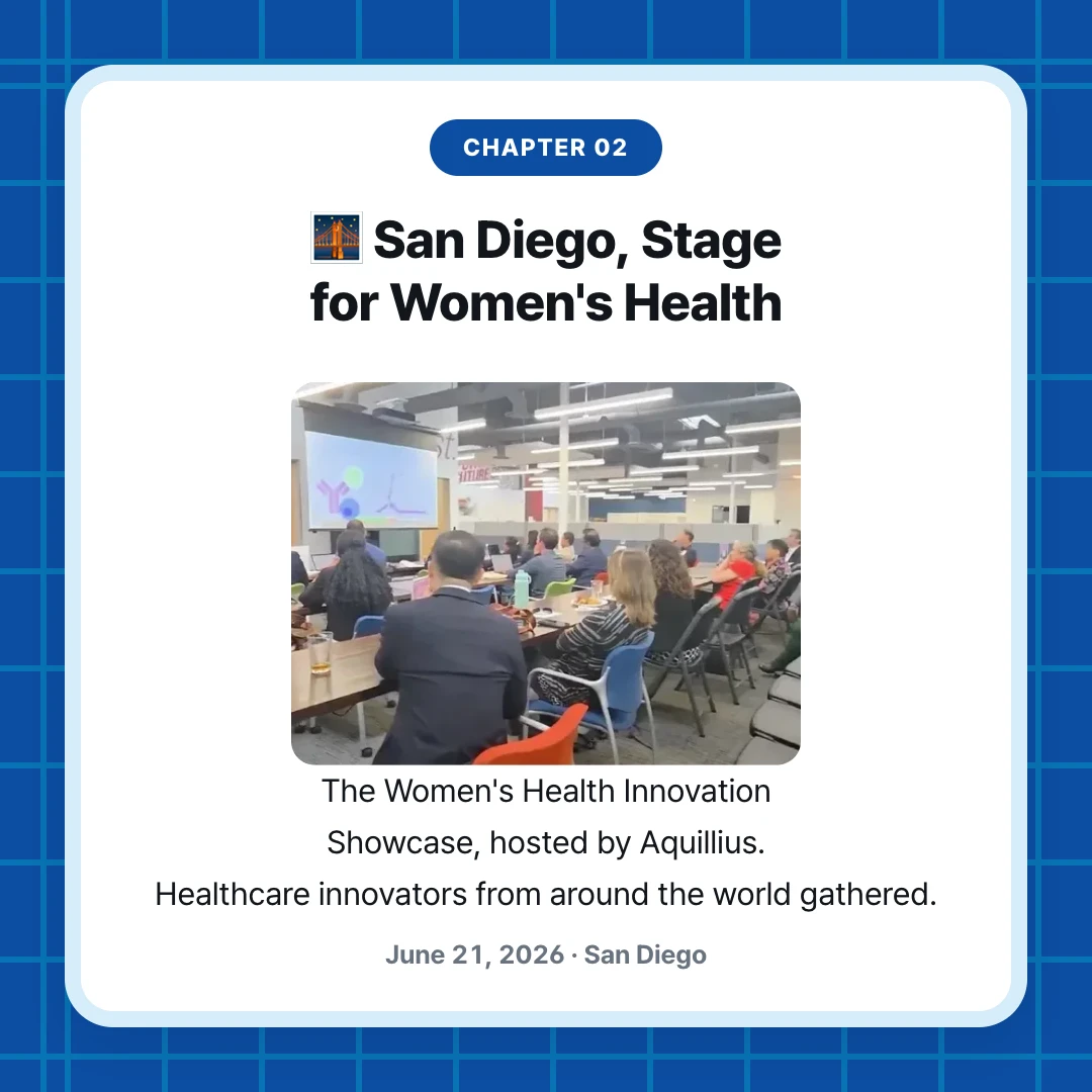 chapter 02. 🌉 San Diego, Stage for Women's Health. The Women's Health Innovation Showcase, hosted by Aquillius. Healthcare innovators from around the world gathered.. June 21, 2026 · San Diego