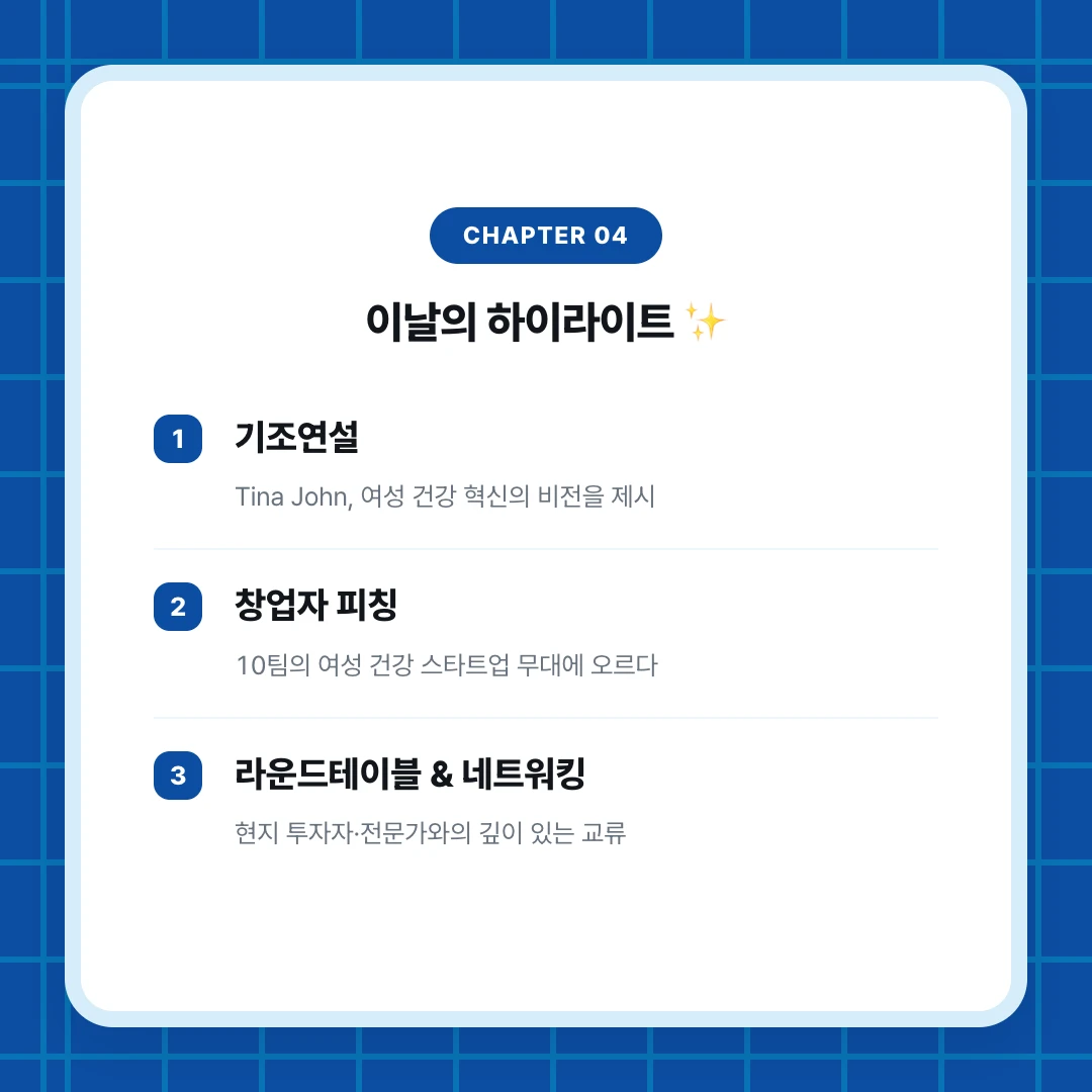 chapter 04. 이날의 하이라이트 ✨. 기조연설. Tina John, 여성 건강 혁신의 비전을 제시. 창업자 피칭. 10팀의 여성 건강 스타트업 무대에 오르다. 라운드테이블 & 네트워킹. 현지 투자자·전문가와의 깊이 있는 교류
