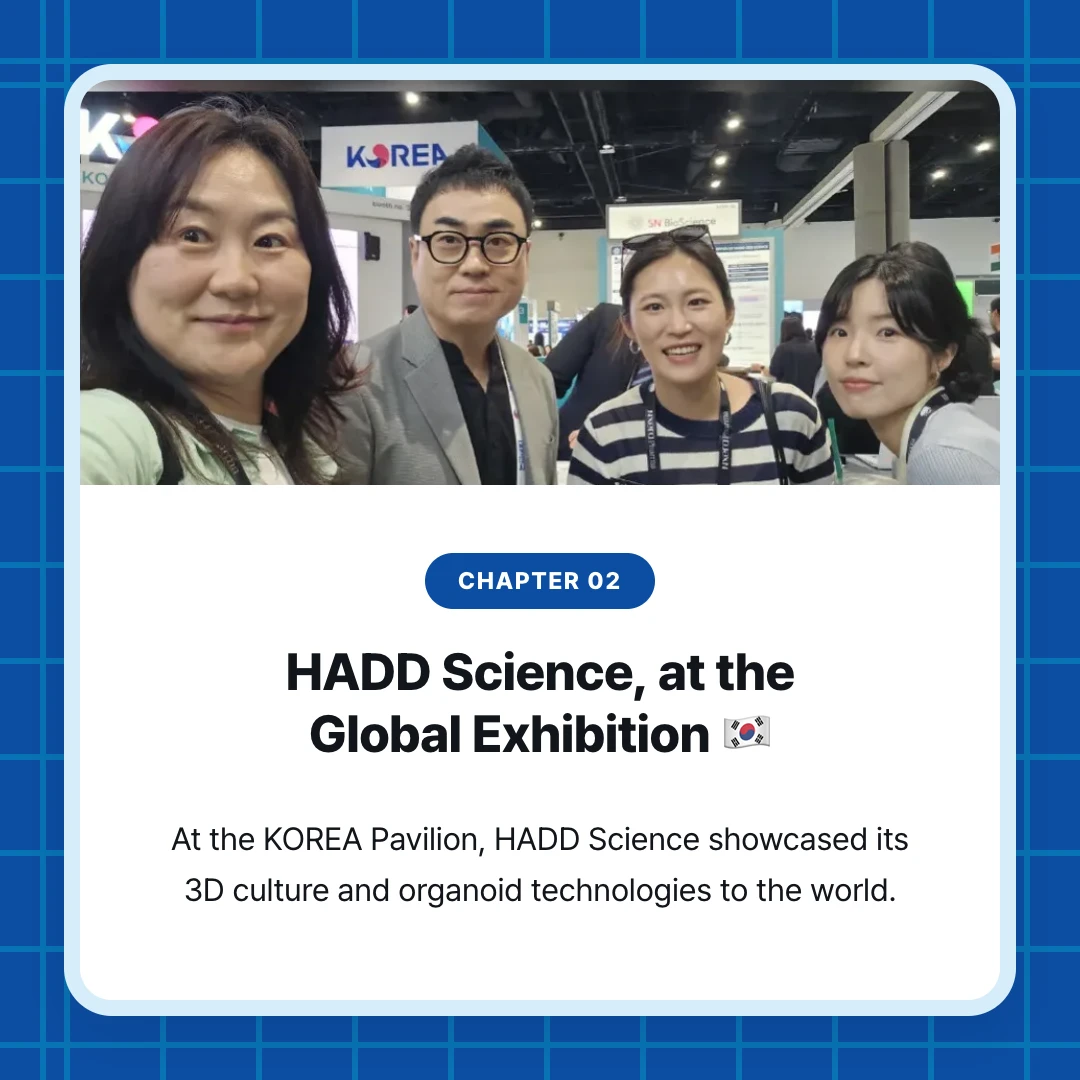 chapter 02. HADD Science, at the Global Exhibition 🇰🇷. At the KOREA Pavilion, HADD Science showcased its 3D culture and organoid technologies to the world.