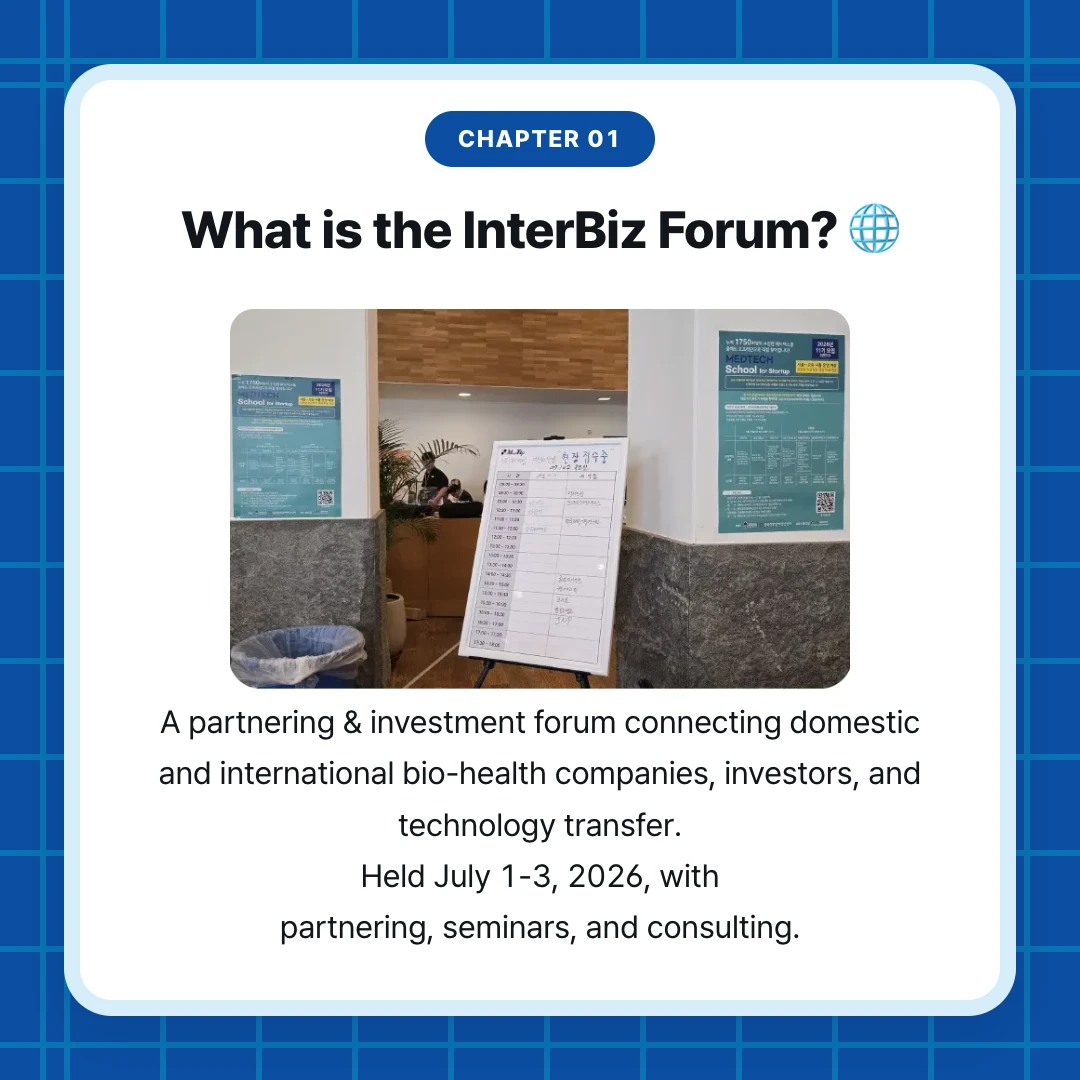 chapter 01. What is the InterBiz Forum? 🌐. A partnering & investment forum connecting domestic and international bio-health companies, investors, and technology transfer. Held July 1-3, 2026, with partnering, seminars, and consulting.