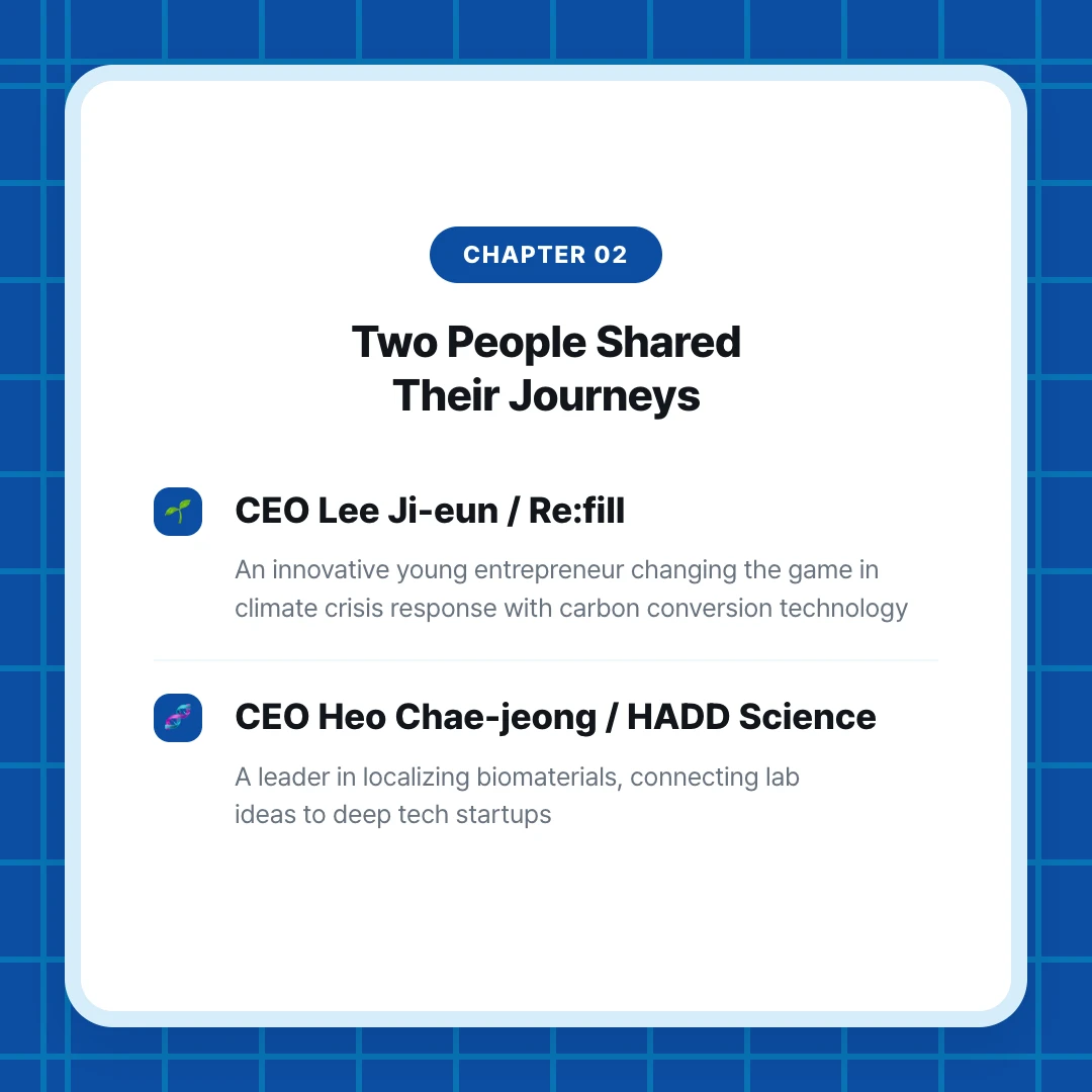 chapter 02. Two People Shared Their Journeys. CEO Lee Ji-eun / Re:fill. An innovative young entrepreneur changing the game in climate crisis response with carbon conversion technology. CEO Heo Chae-jeong / HADD Science. A leader in localizing biomaterials, connecting lab ideas to deep tech startups