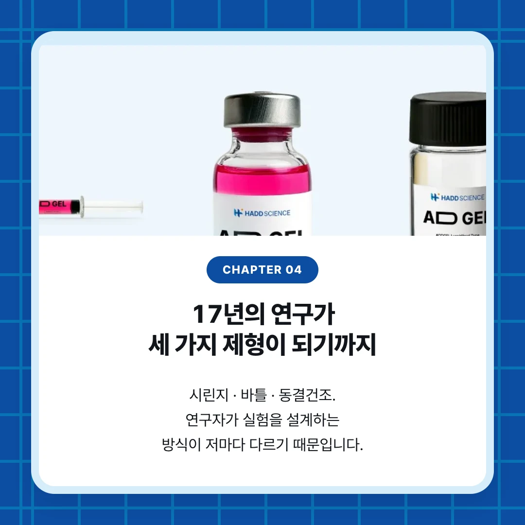 chapter 04. 17년의 연구가 세 가지 제형이 되기까지. 시린지 · 바틀 · 동결건조. 연구자가 실험을 설계하는 방식이 저마다 다르기 때문입니다.