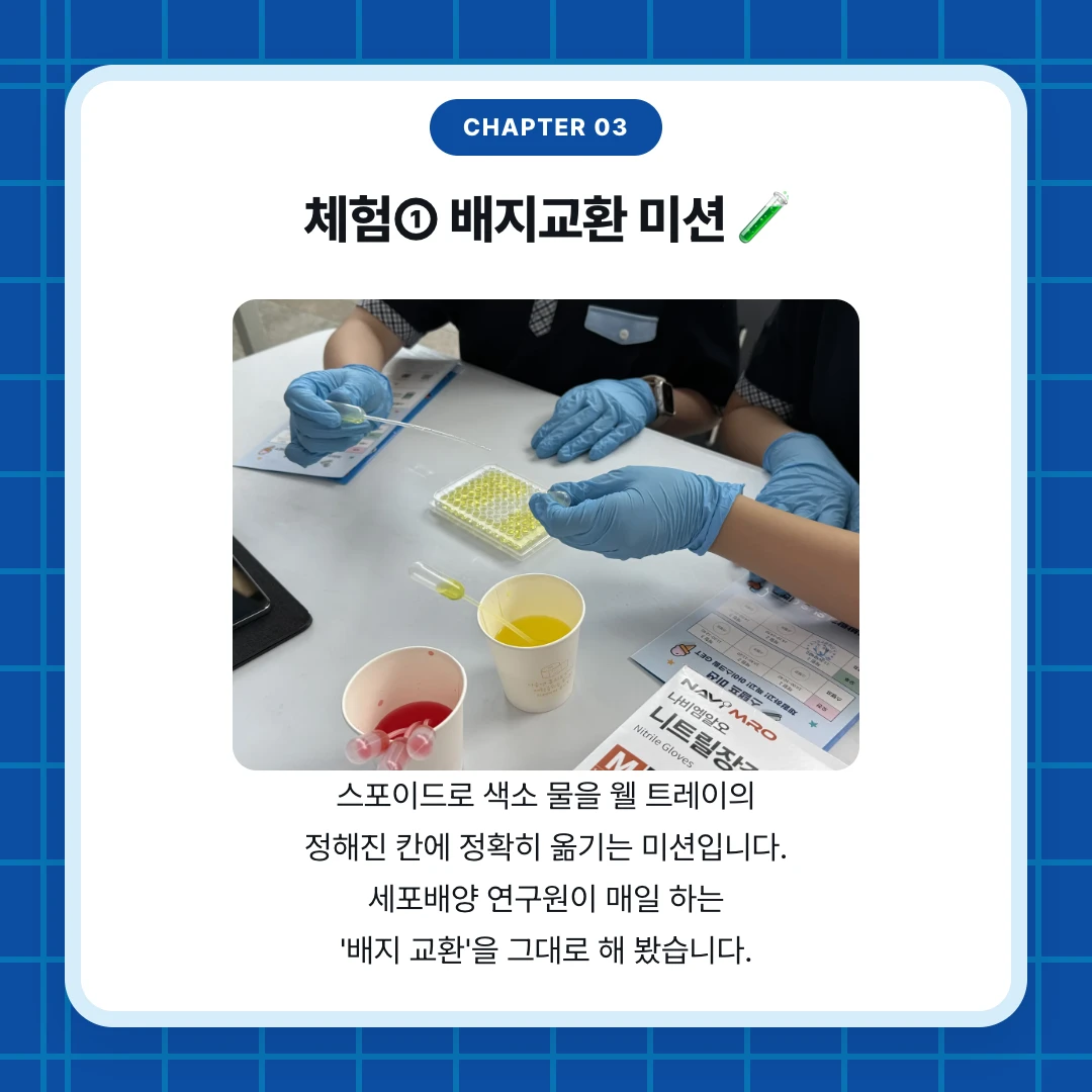 chapter 03. 체험① 배지교환 미션 🧪. 스포이드로 색소 물을 웰 트레이의 정해진 칸에 정확히 옮기는 미션입니다. 세포배양 연구원이 매일 하는 '배지 교환'을 그대로 해 봤습니다.