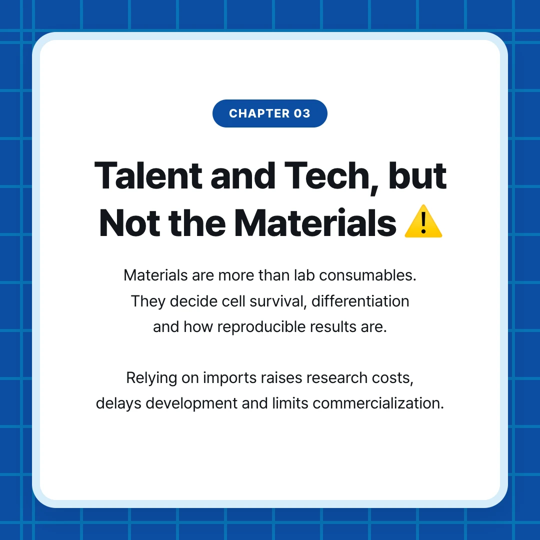 chapter 03. Talent and Tech, but Not the Materials ⚠️. Materials are more than lab consumables. They decide cell survival, differentiation and how reproducible results are. Relying on imports raises research costs, delays development and limits commercialization.