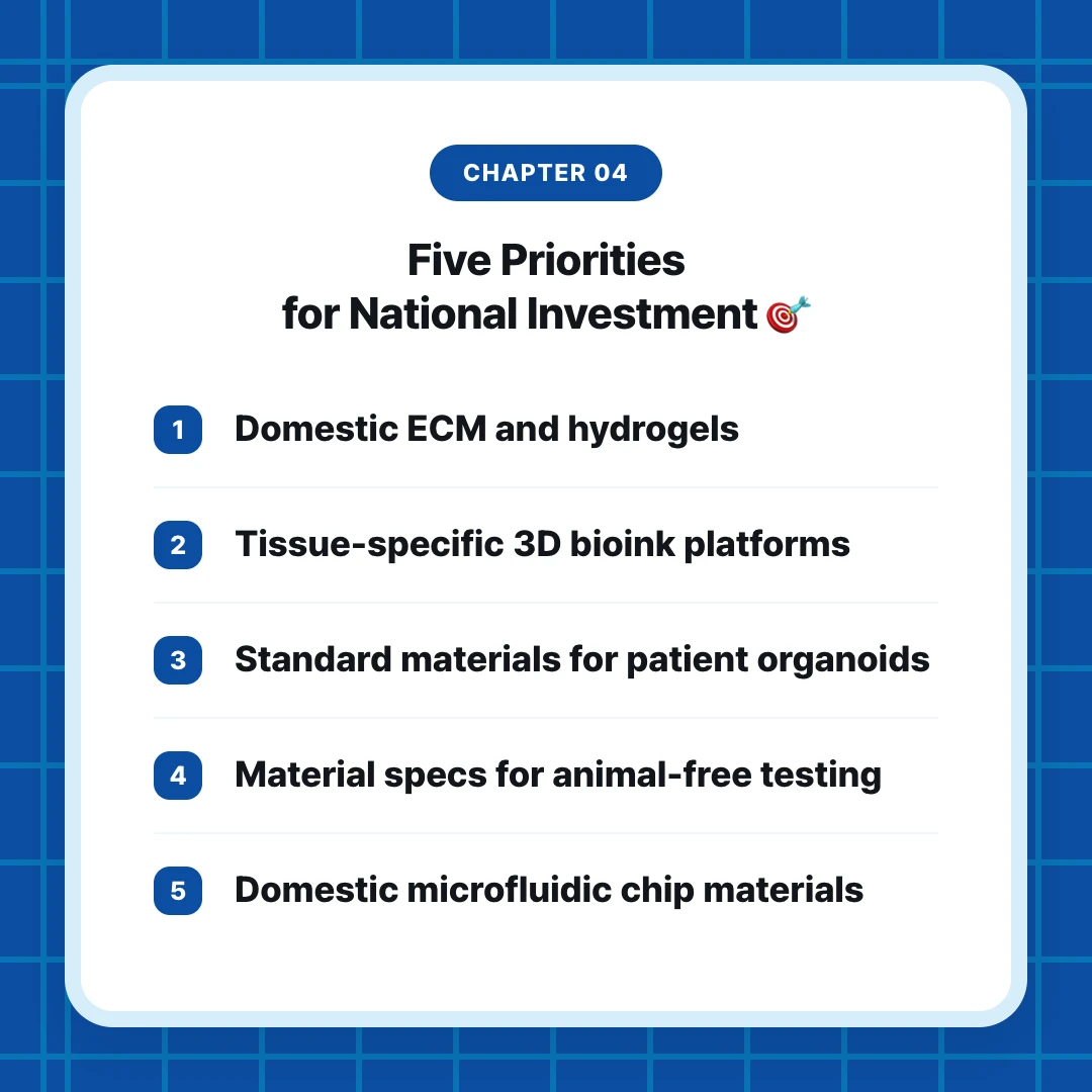 chapter 04. Five Priorities for National Investment 🎯. Domestic ECM and hydrogels. Tissue-specific 3D bioink platforms. Standard materials for patient organoids. Material specs for animal-free testing. Domestic microfluidic chip materials