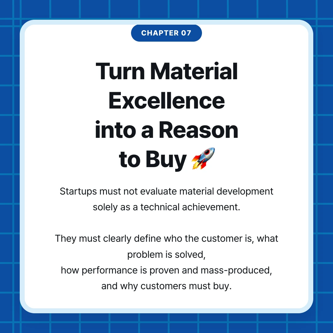 chapter 07. Turn Material Excellence into a Reason to Buy 🚀. Startups must not evaluate material development solely as a technical achievement. They must clearly define who the customer is, what problem is solved, how performance is proven and mass-produced, and why customers must buy.